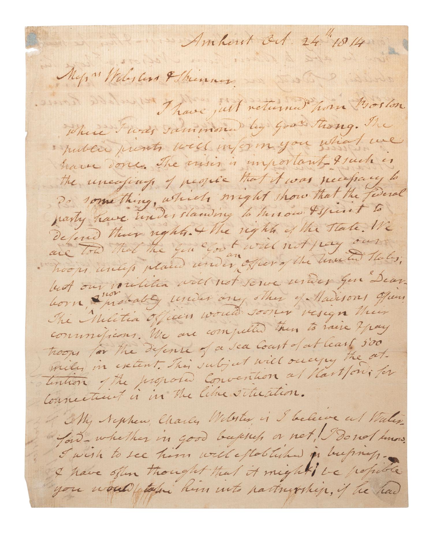 WEBSTER, Noah (1758-1843). Autograph letter signed ("N Webster"). Amherst, 24 October 1814.