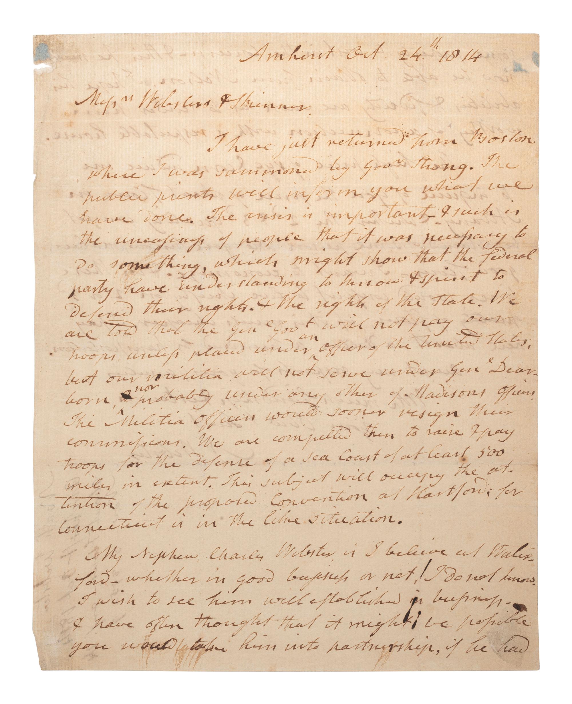 WEBSTER, Noah (1758-1843). Autograph letter signed ("N Webster"). Amherst, 24 October 1814.