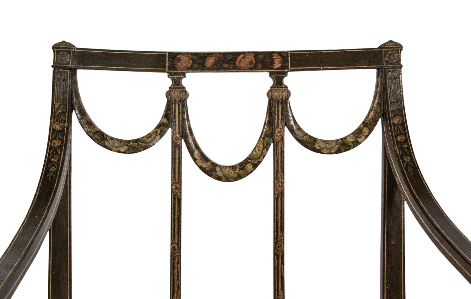 A Pair of George III Polychrome and Green-Painted Open Armchairs