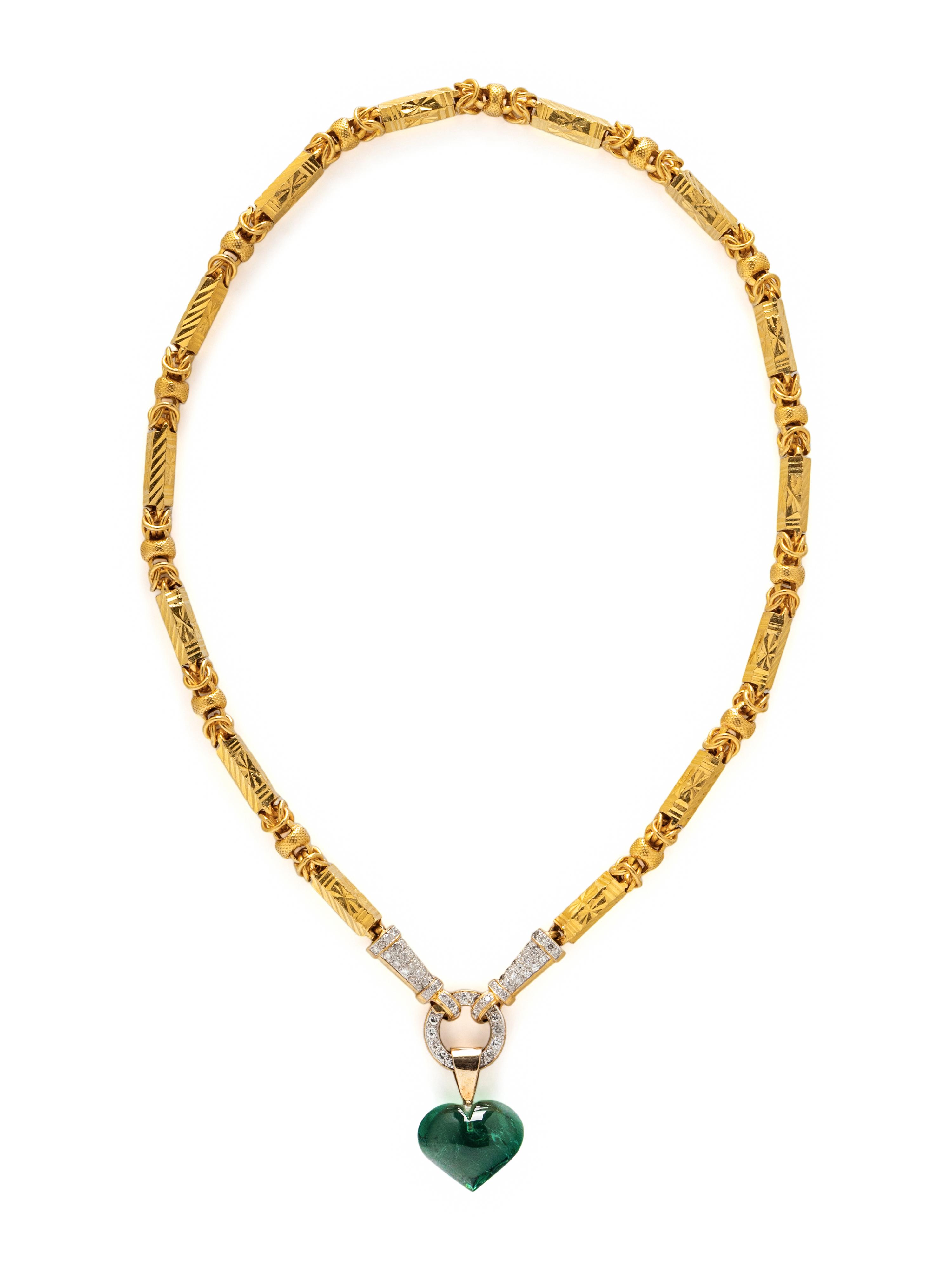 A HIGH KARAT YELLOW GOLD BYZANTINE FANCY LINK NECKLACE AND DIAMOND AND TOURMALINE CONVERTIBLE NECKLACE