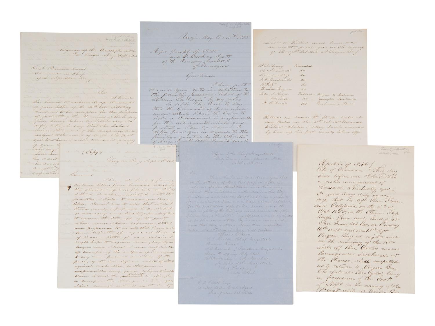 [FILIBUSTERS]. PAULDING, Rear Admiral Hiram (1797-1878) and WALKER, William (1824-1860). Correspondence associated with the Home Squadron, the Walker Expedition, and Vanderbilt's Accessory Transit Company, incl. William Walker ALsS, 1855-1858.