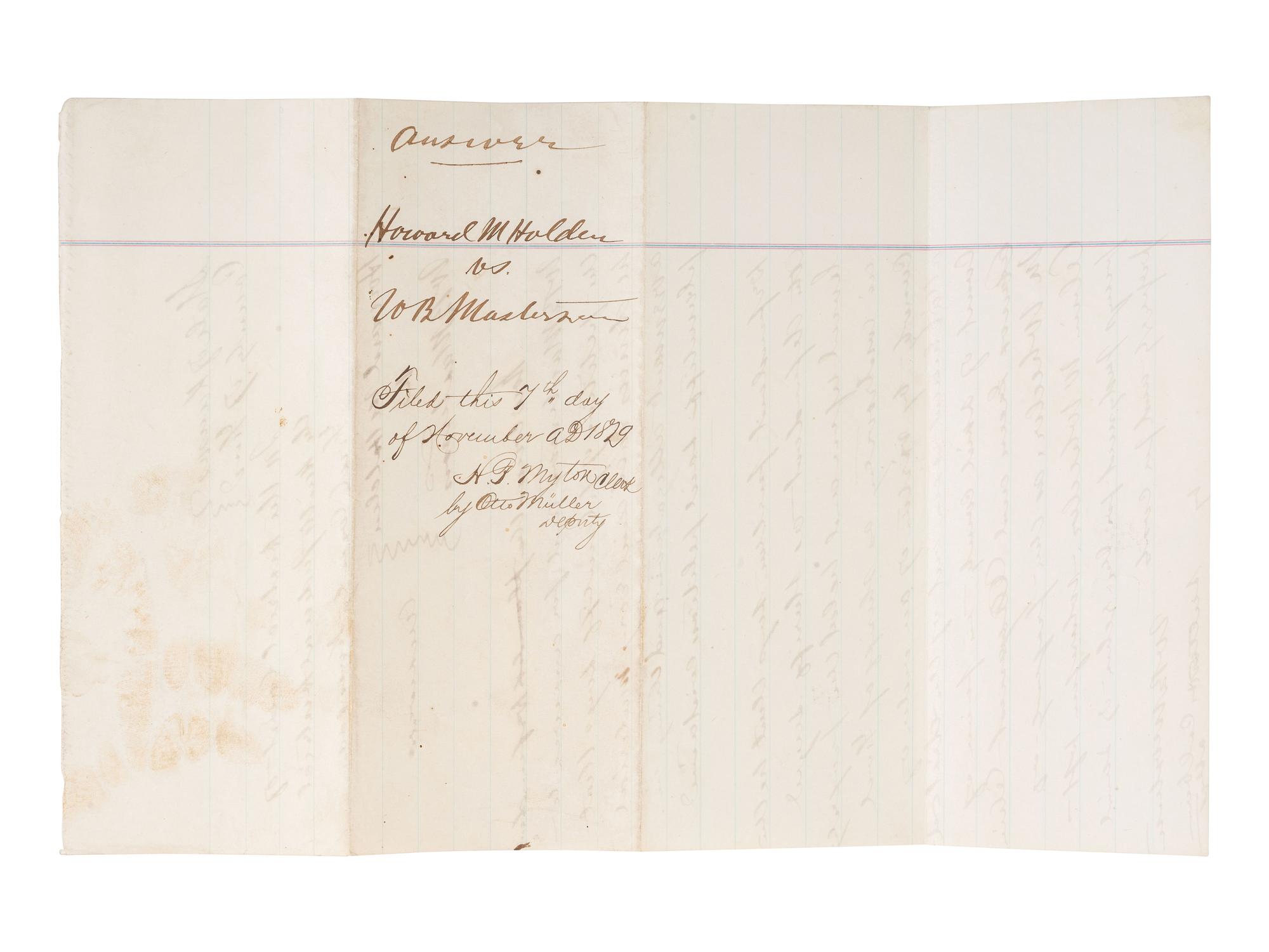 [WESTERN AMERICANA]. Legal document naming W.B. "Bat" Masterson as Defendant. Ford County, KS, 1879.