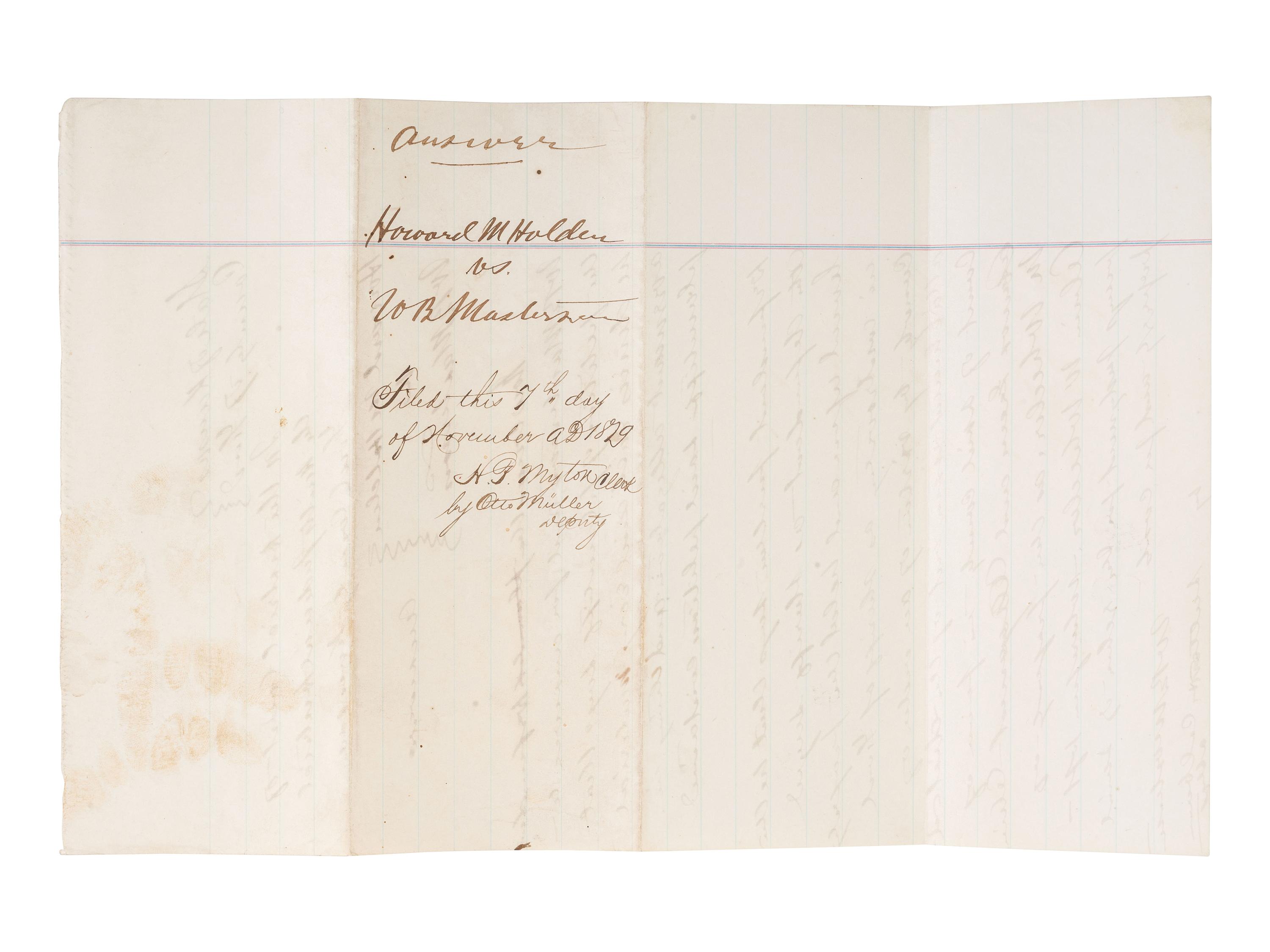 [WESTERN AMERICANA]. Legal document naming W.B. "Bat" Masterson as Defendant. Ford County, KS, 1879.
