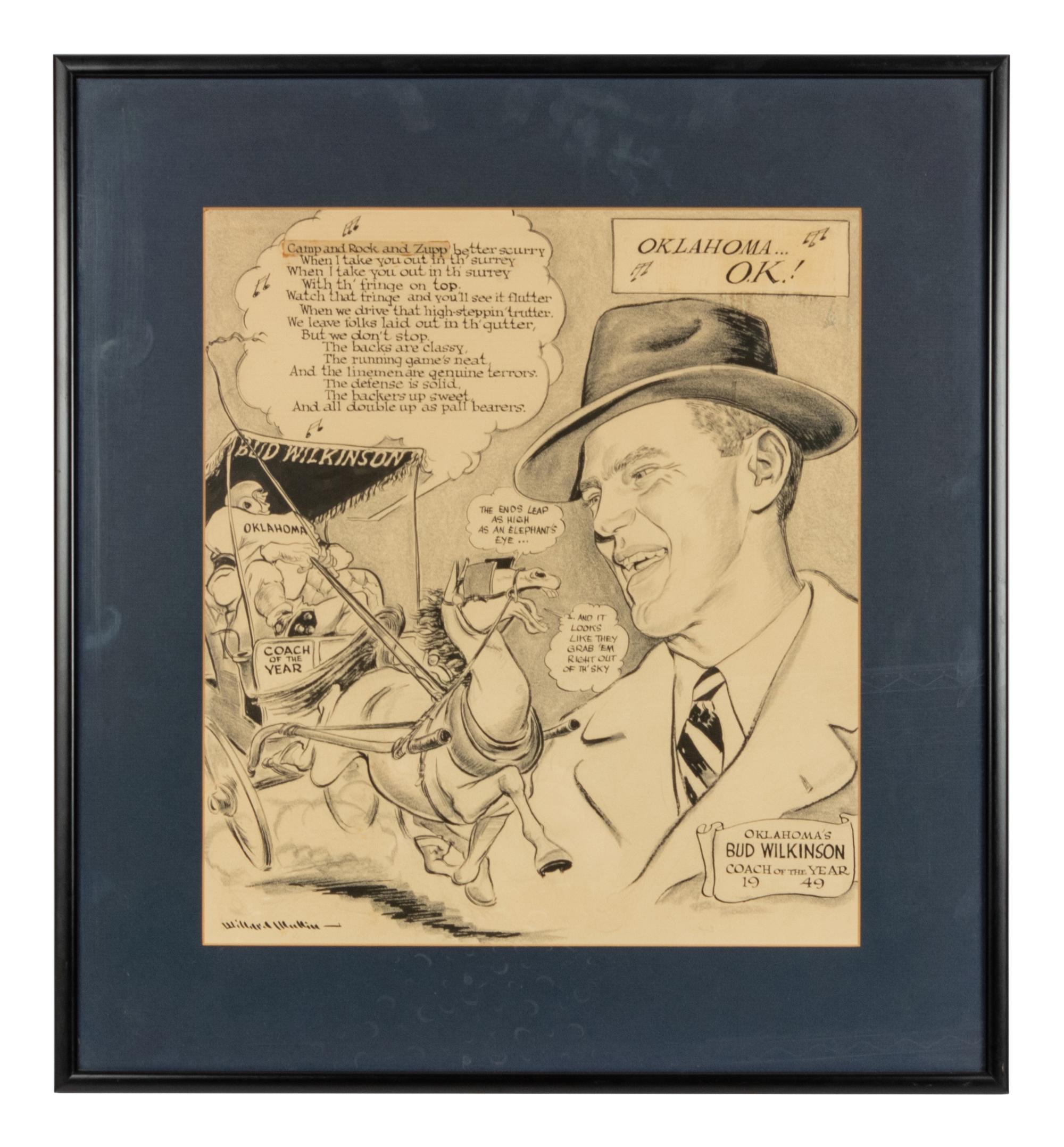 A 1949 Willard Mullin Original Cartoon from The Collection of Hall of Fame Oklahoma Football Coach Bud Wilkinson