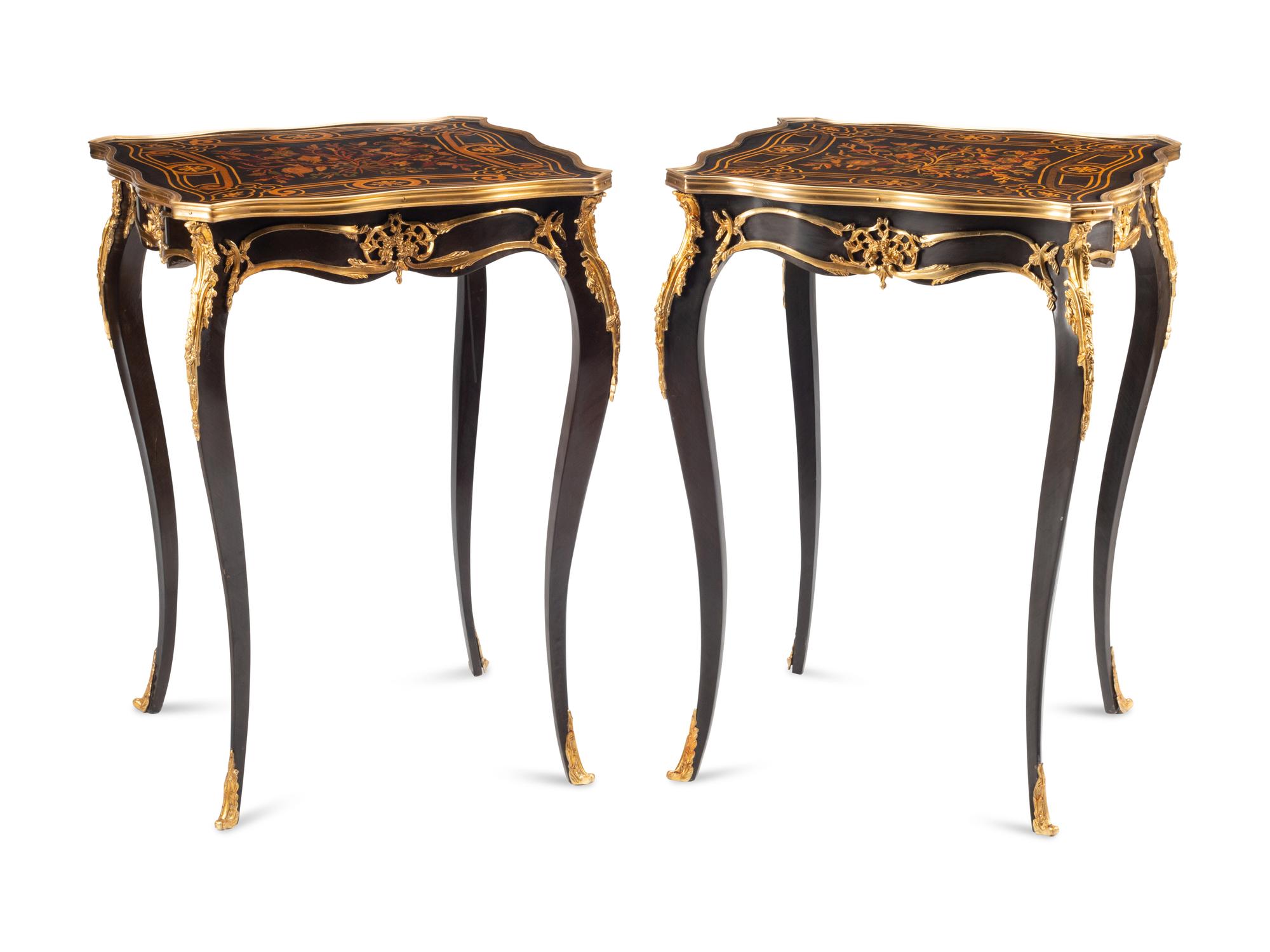 A Pair of Louis XVI Style Gilt Bronze Mounted Marquetry Tables