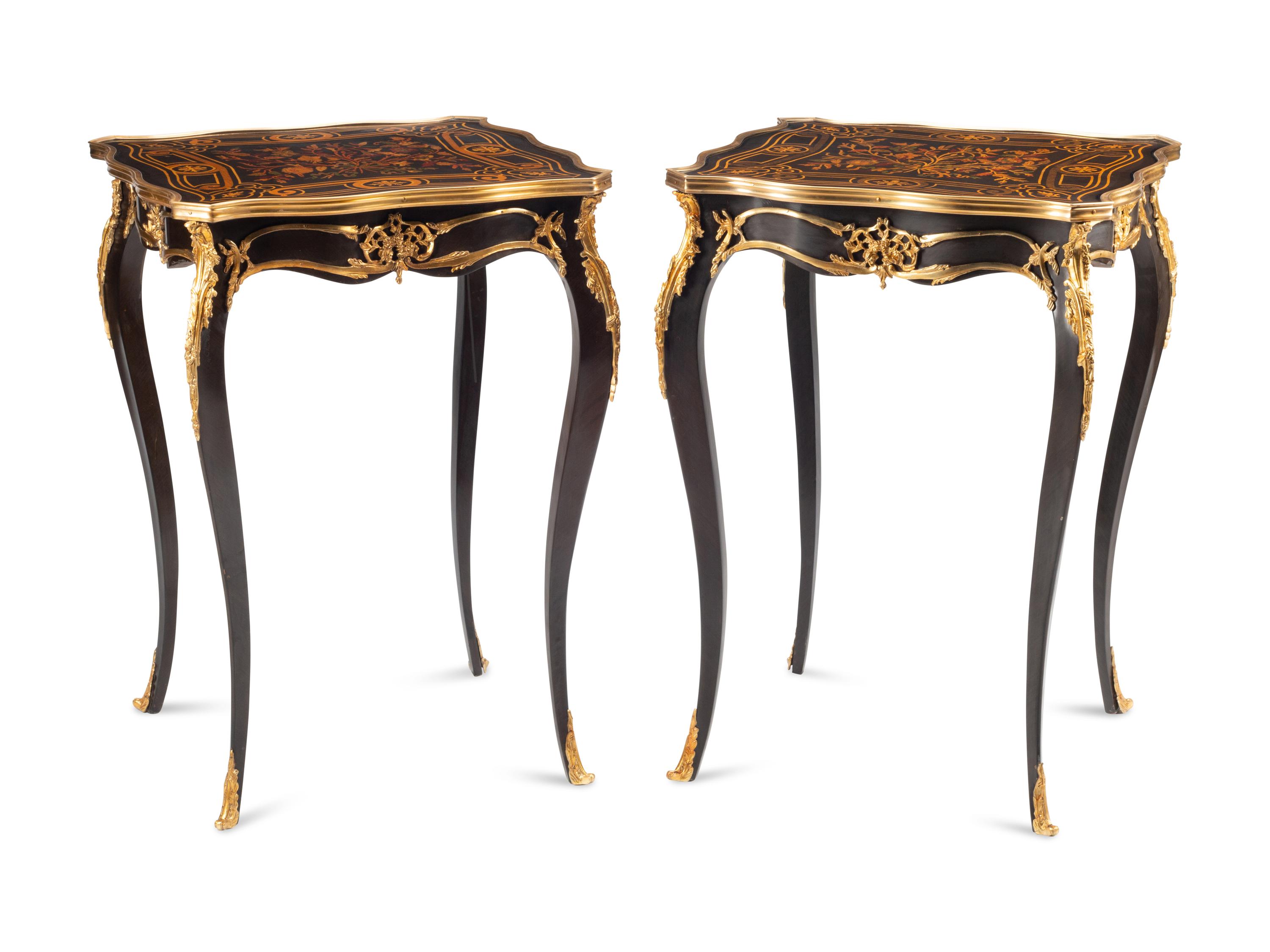 A Pair of Louis XVI Style Gilt Bronze Mounted Marquetry Tables