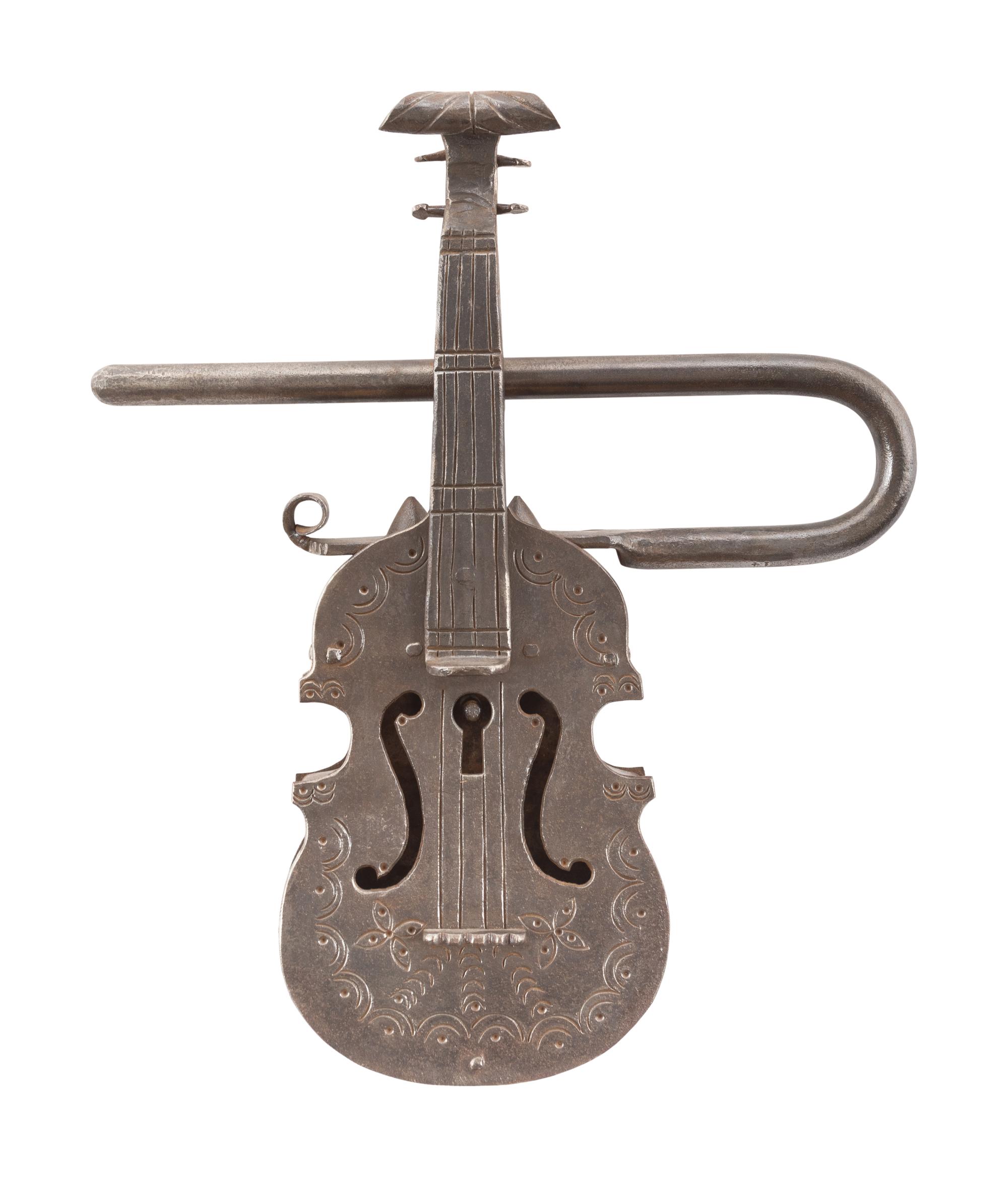 A Continental Engraved and Wrought Iron Violin-Form Padlock
