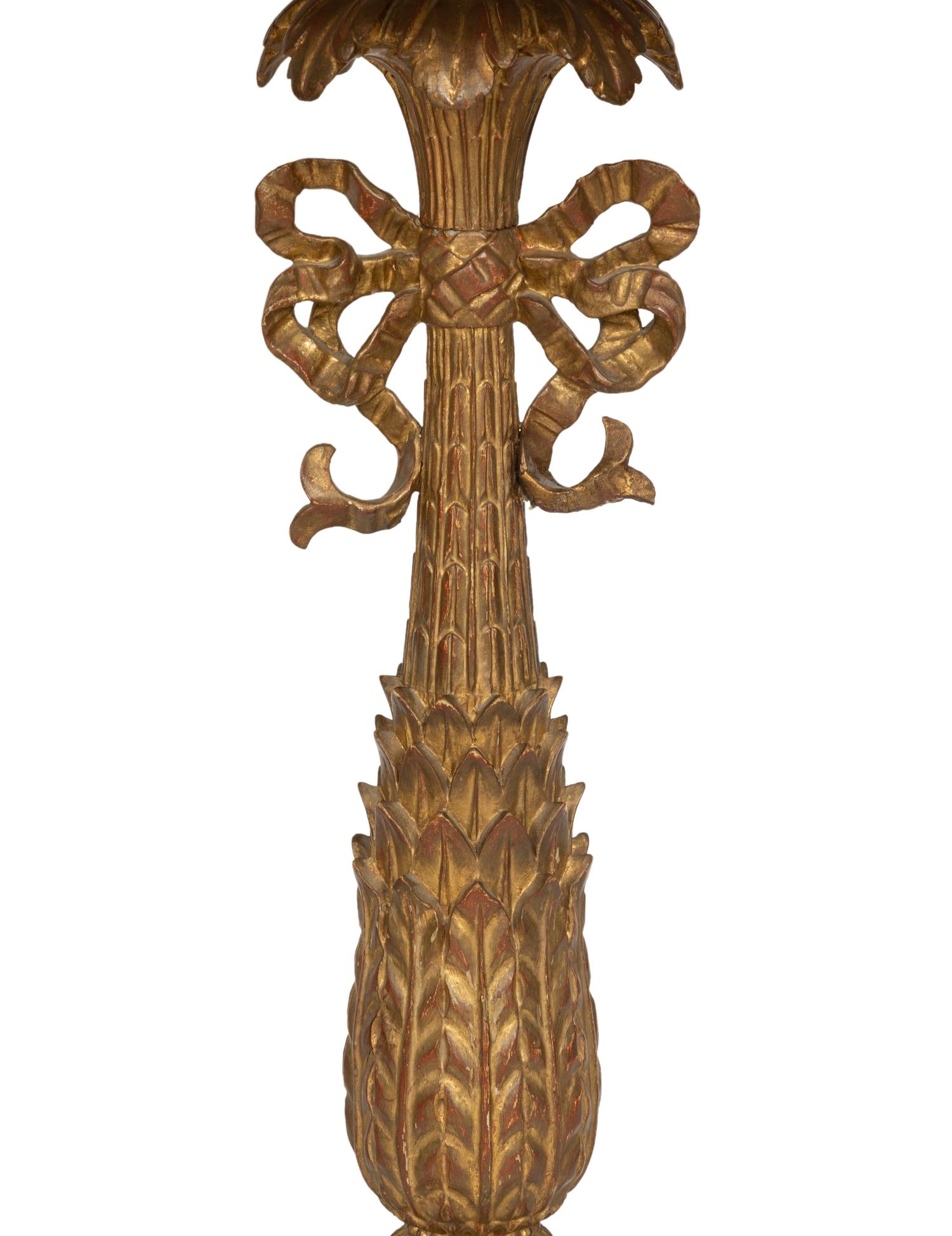 A Pair of XVI Style Carved Giltwood Lamps on Ebonized Pedestal Bases
