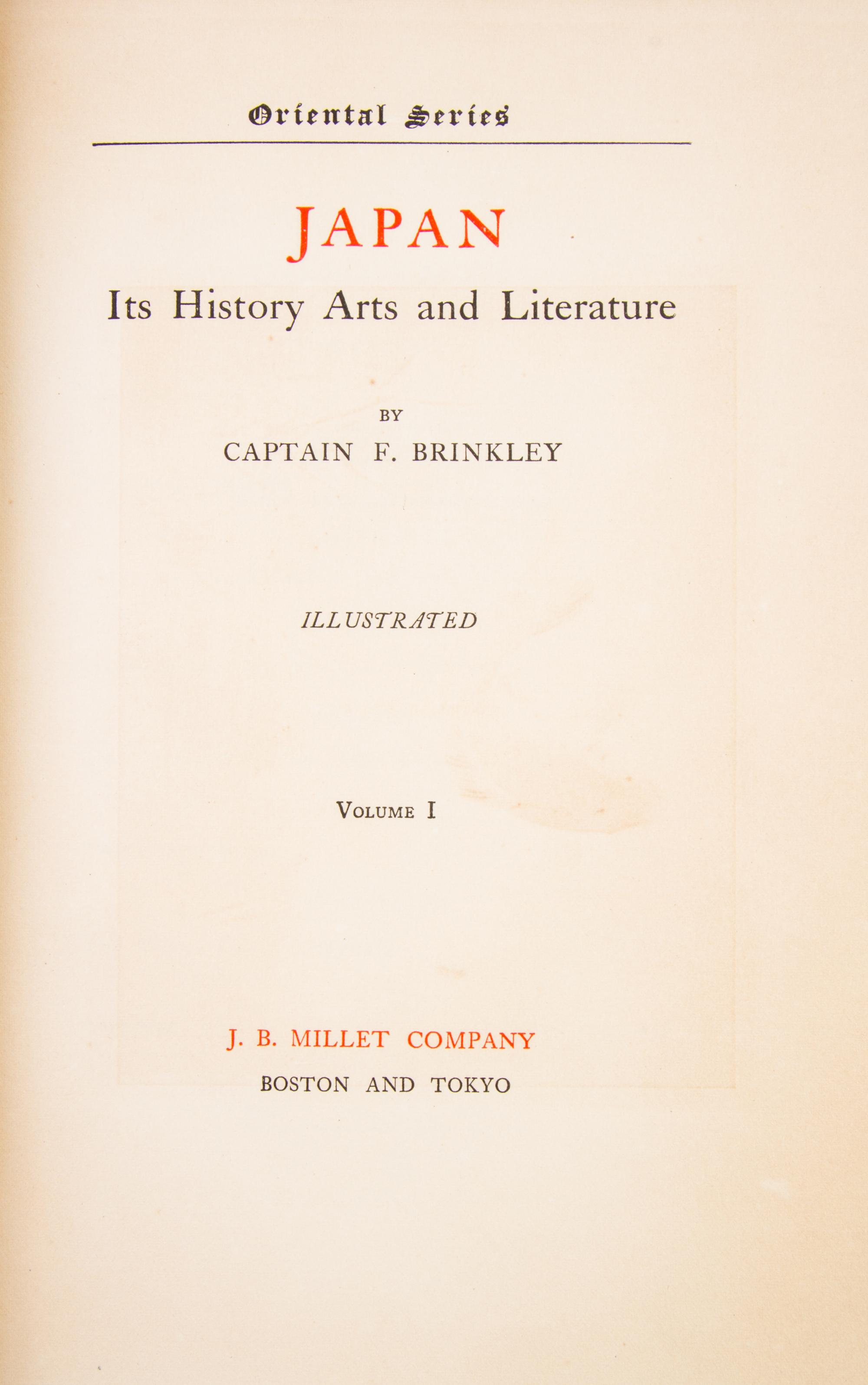 (ASIAN) BRINKLEY, CAPTAIN F. Oriental Series: Japan and China. Boston and Tokyo, 1901-1902. 12 vols. Fujiyama ed., 22 of 100 copies.