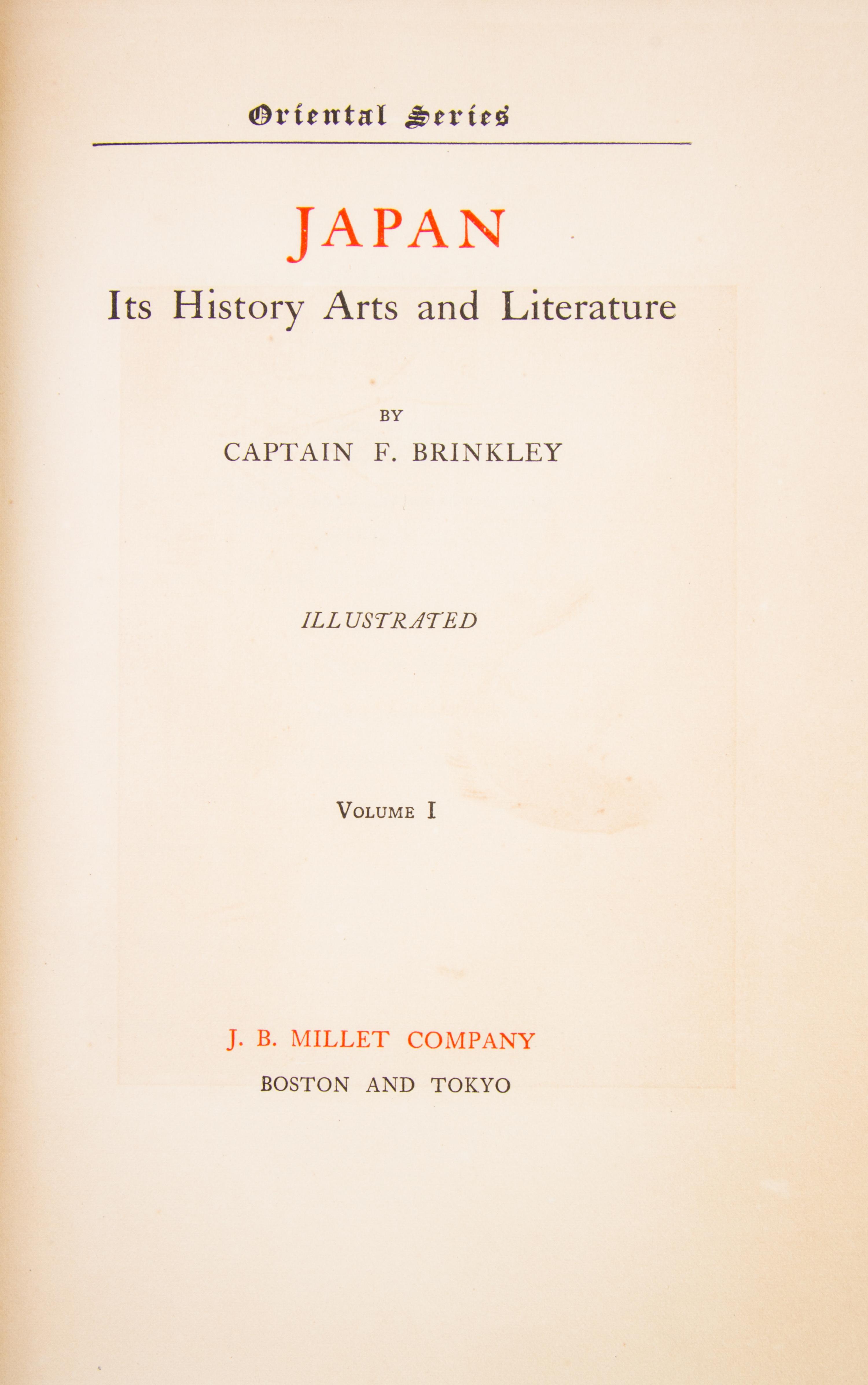 (ASIAN) BRINKLEY, CAPTAIN F. Oriental Series: Japan and China. Boston and Tokyo, 1901-1902. 12 vols. Fujiyama ed., 22 of 100 copies.
