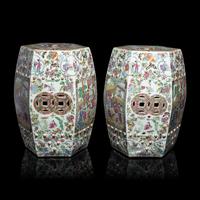A Pair of Chinese Canton Famille Rose Porcelain Hexagonal Garden Stools, 19th Century — 清晚期 廣彩人物故事圖六方瓷坐墩