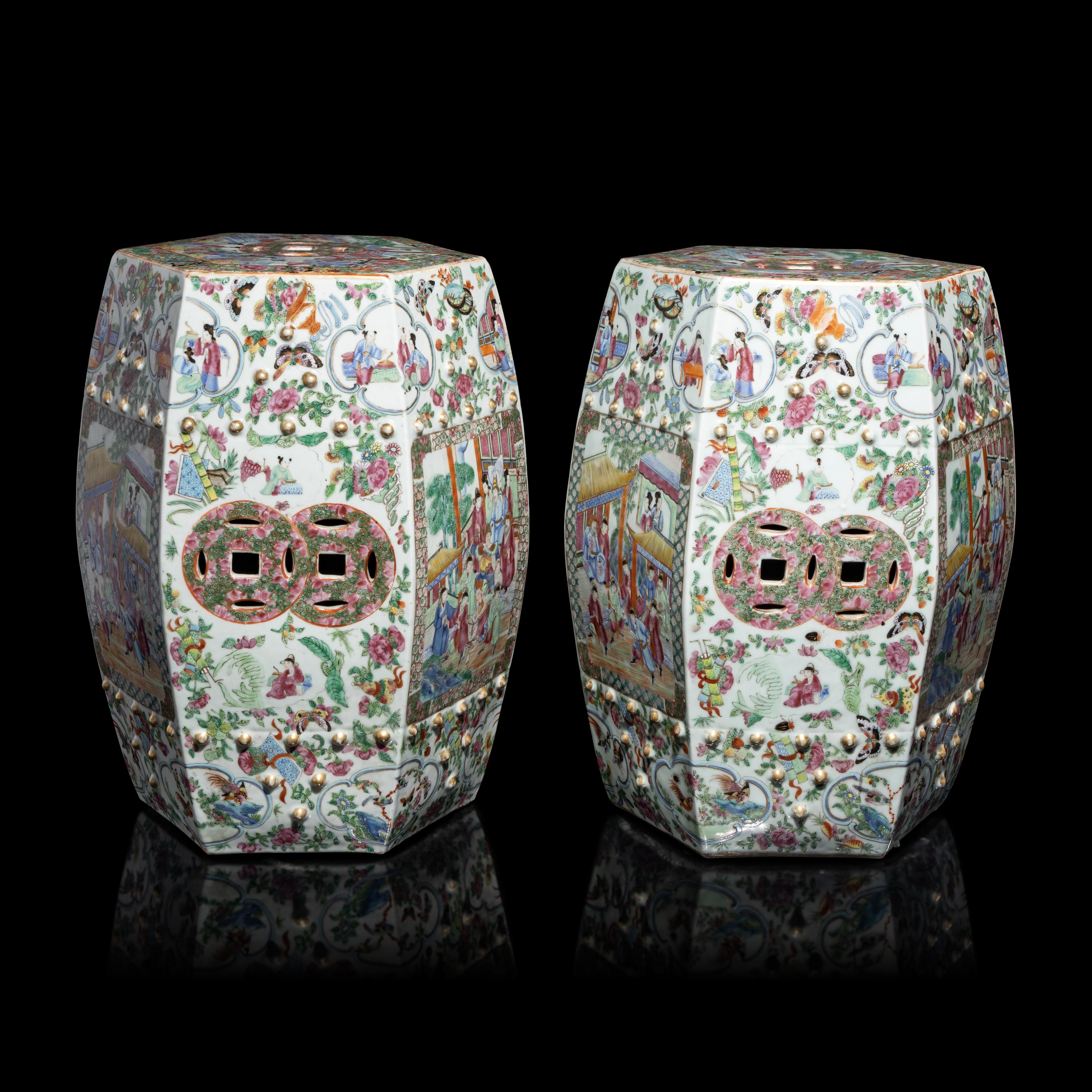 A Pair of Chinese Canton Famille Rose Porcelain Hexagonal Garden Stools, 19th Century — 清晚期 廣彩人物故事圖六方瓷坐墩