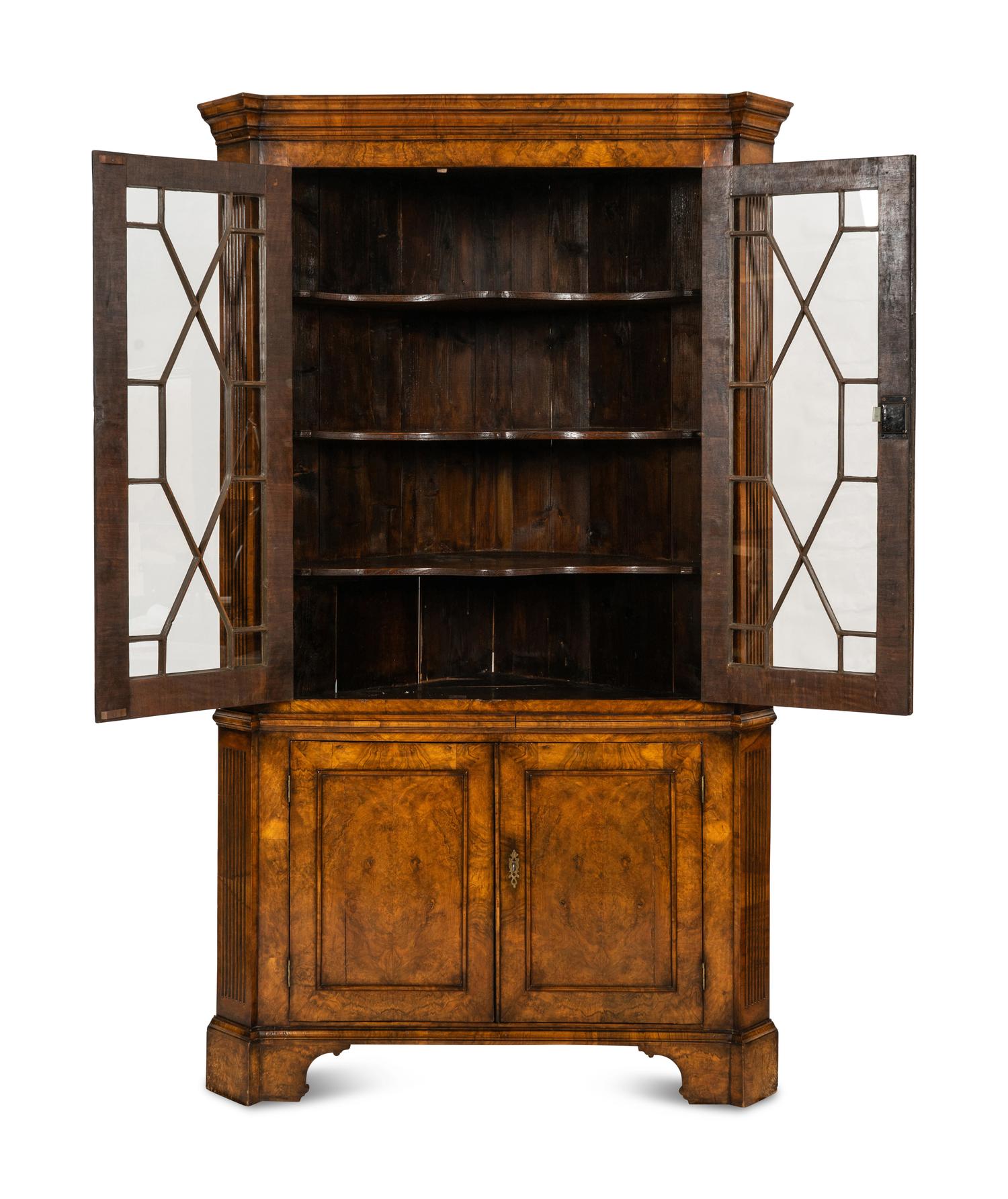 A George III Style Burl Walnut Corner Cabinet