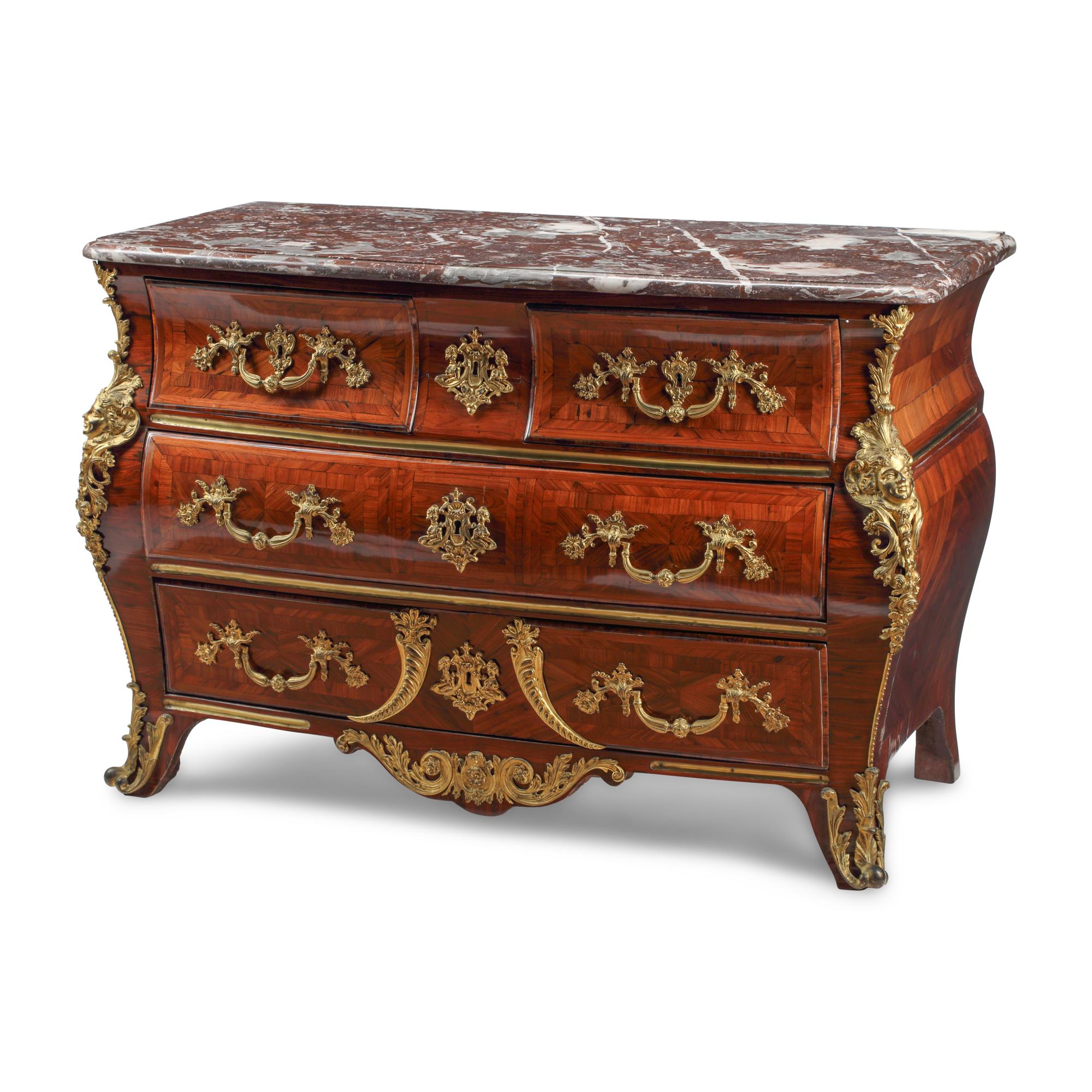 A Régence Gilt Bronze Mounted Marquetry Marble-Top Commode