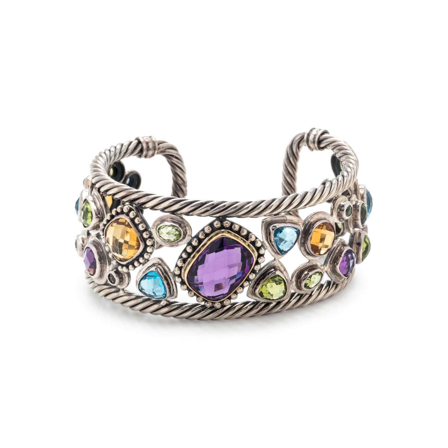 STERLING SILVER, YELLOW GOLD AND GEMSTONE CUFF BRACELET