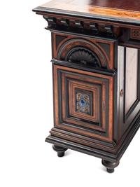 An English Aesthetic Movement Walnut, Part Ebonized and Glazed Earthenware Plaque-Inset Bureau Cabinet