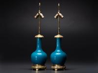 A Pair of Chinese Porcelain Bottle Vase Table Lamps with Bronze Mounts