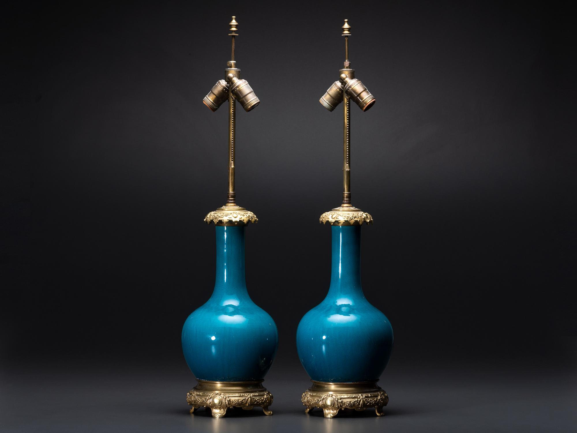 A Pair of Chinese Porcelain Bottle Vase Table Lamps with Bronze Mounts