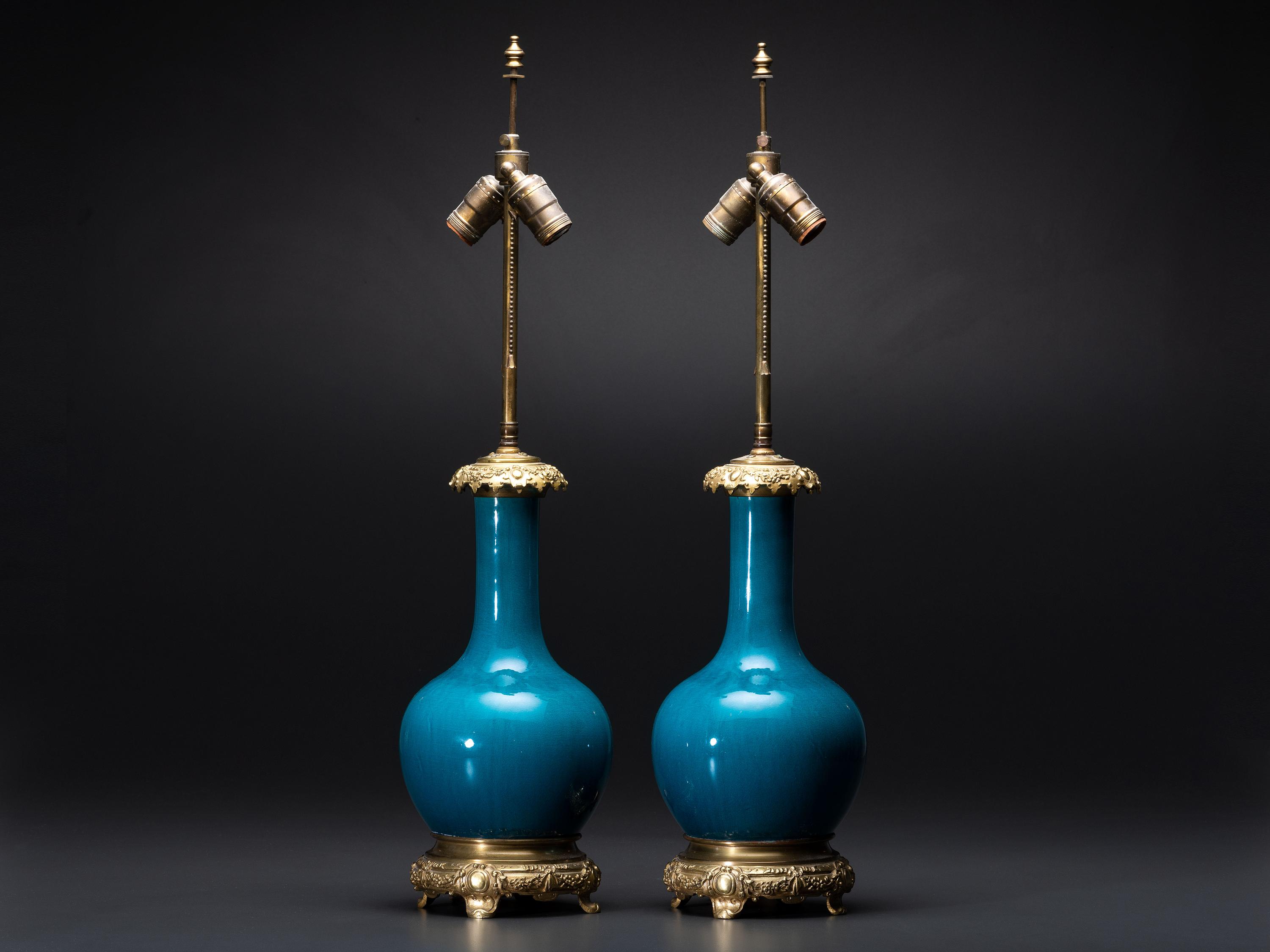 A Pair of Chinese Porcelain Bottle Vase Table Lamps with Bronze Mounts