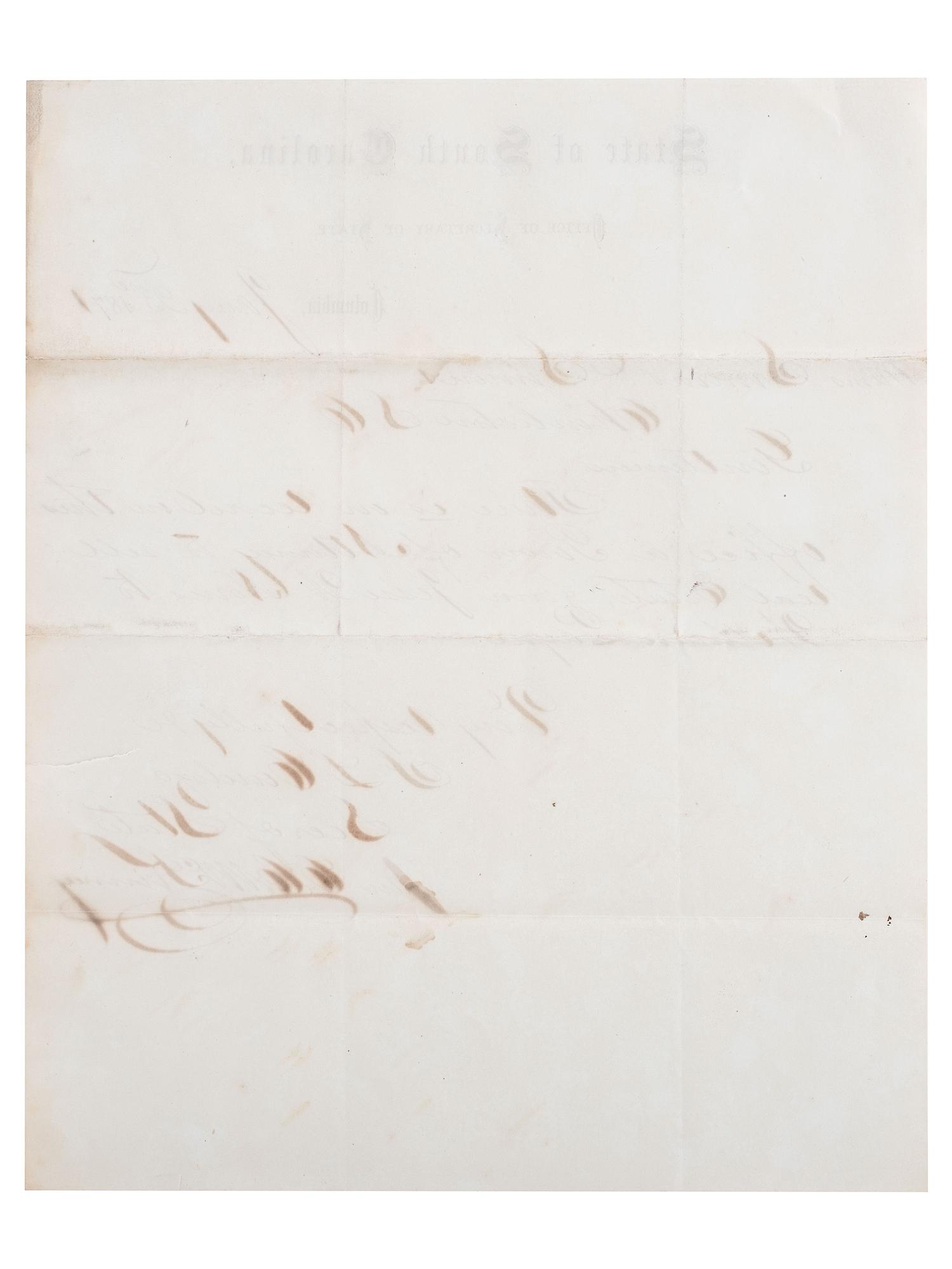 [RECONSTRUCTION]. CARDOZO, Francis Lewis (1836-1903). Autograph letter signed ("F.L. Cardozo"), as Secretary of State of South Carolina, to Simons & Simons. Columbia, SC, 23 January 1871.