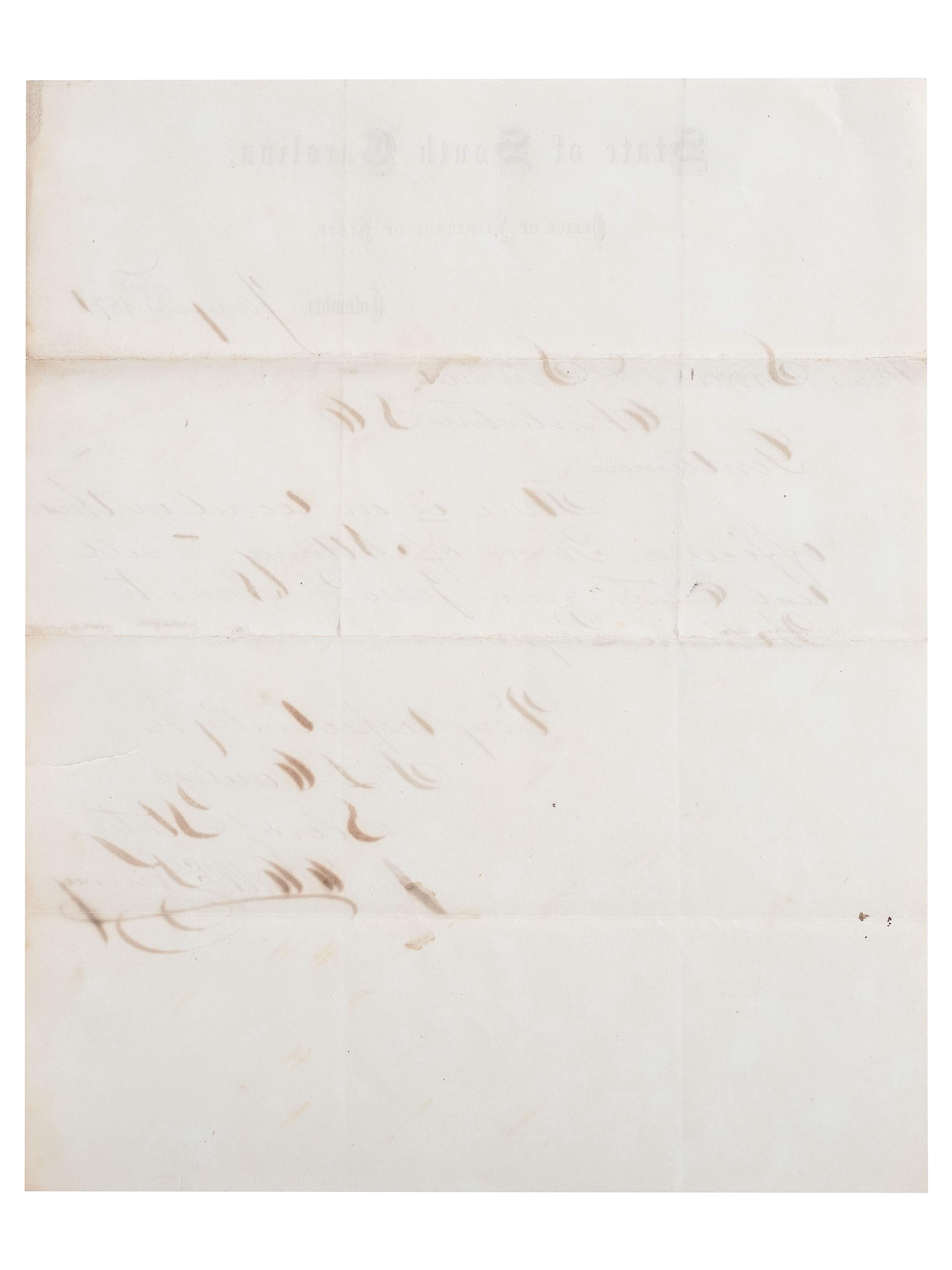 [RECONSTRUCTION]. CARDOZO, Francis Lewis (1836-1903). Autograph letter signed ("F.L. Cardozo"), as Secretary of State of South Carolina, to Simons & Simons. Columbia, SC, 23 January 1871.
