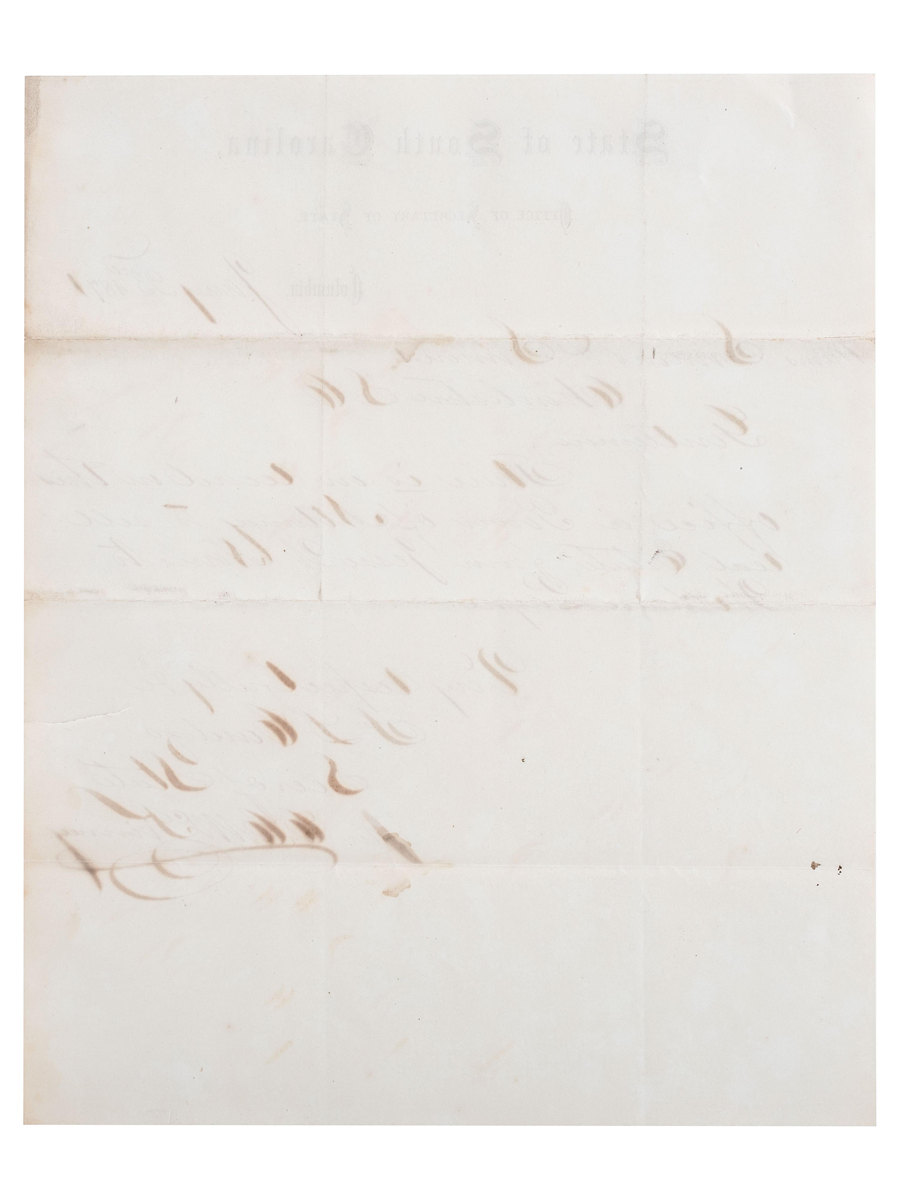 [RECONSTRUCTION]. CARDOZO, Francis Lewis (1836-1903). Autograph letter signed ("F.L. Cardozo"), as Secretary of State of South Carolina, to Simons & Simons. Columbia, SC, 23 January 1871.