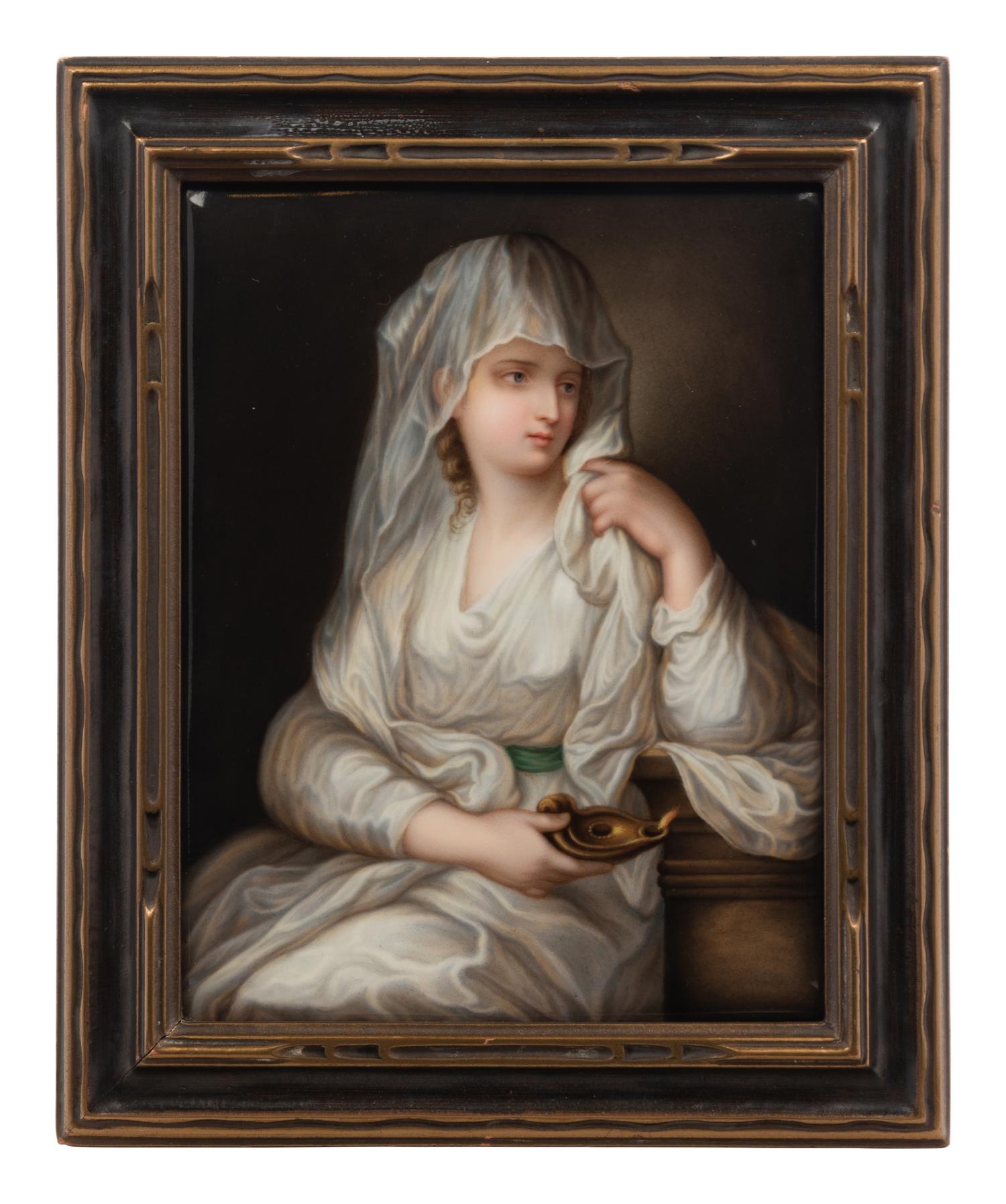 A Framed Continental Porcelain Plaque Depicting The Vestal Virgin
