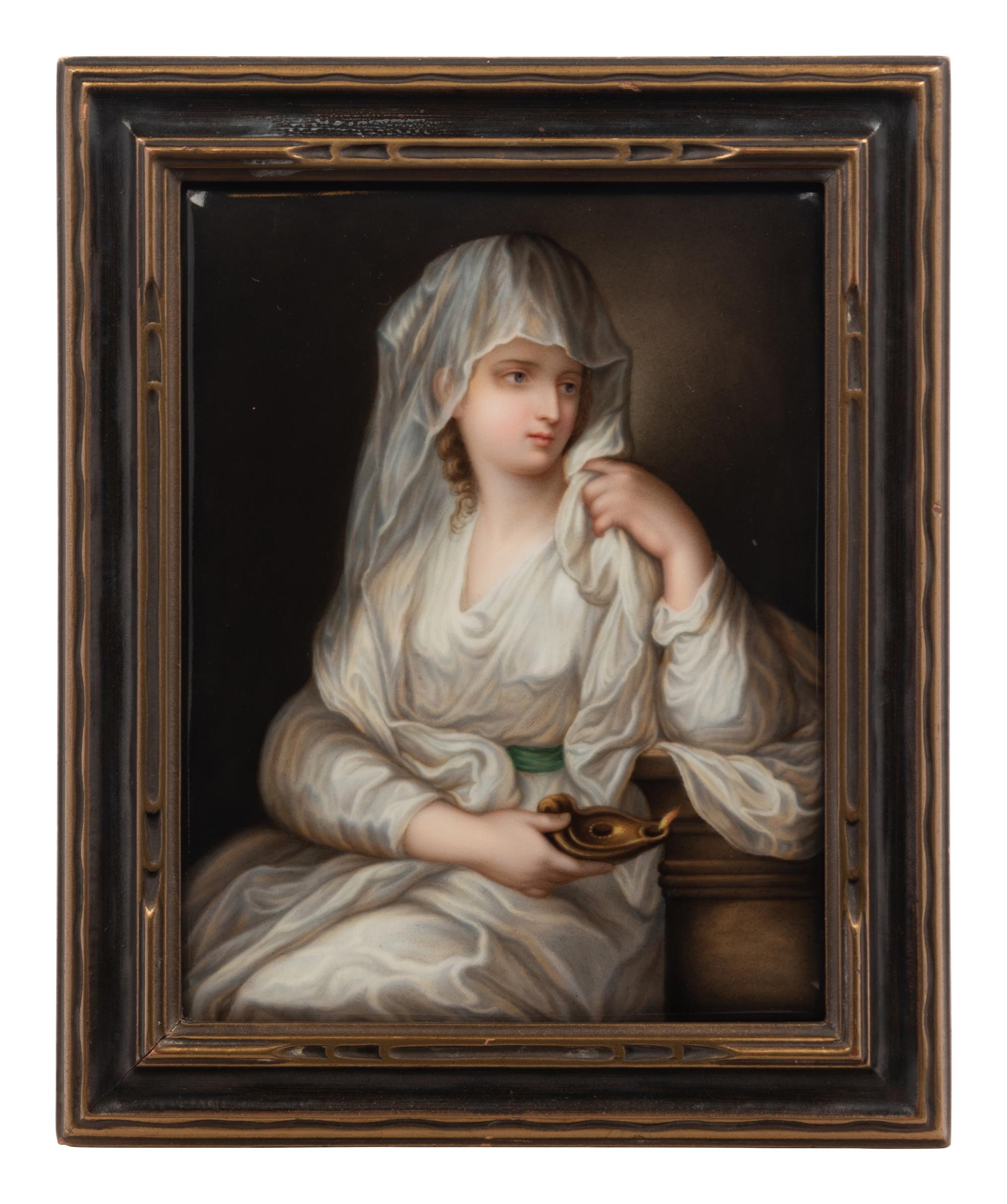 A Framed Continental Porcelain Plaque Depicting The Vestal Virgin