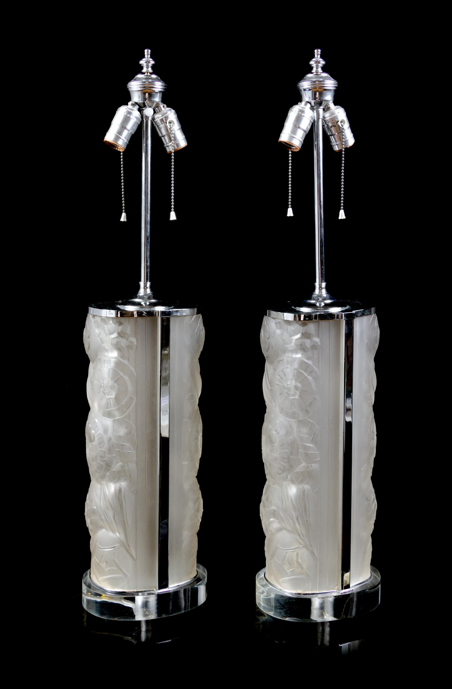 A Pair of Molded and Frosted Glass Table Lamps in the…