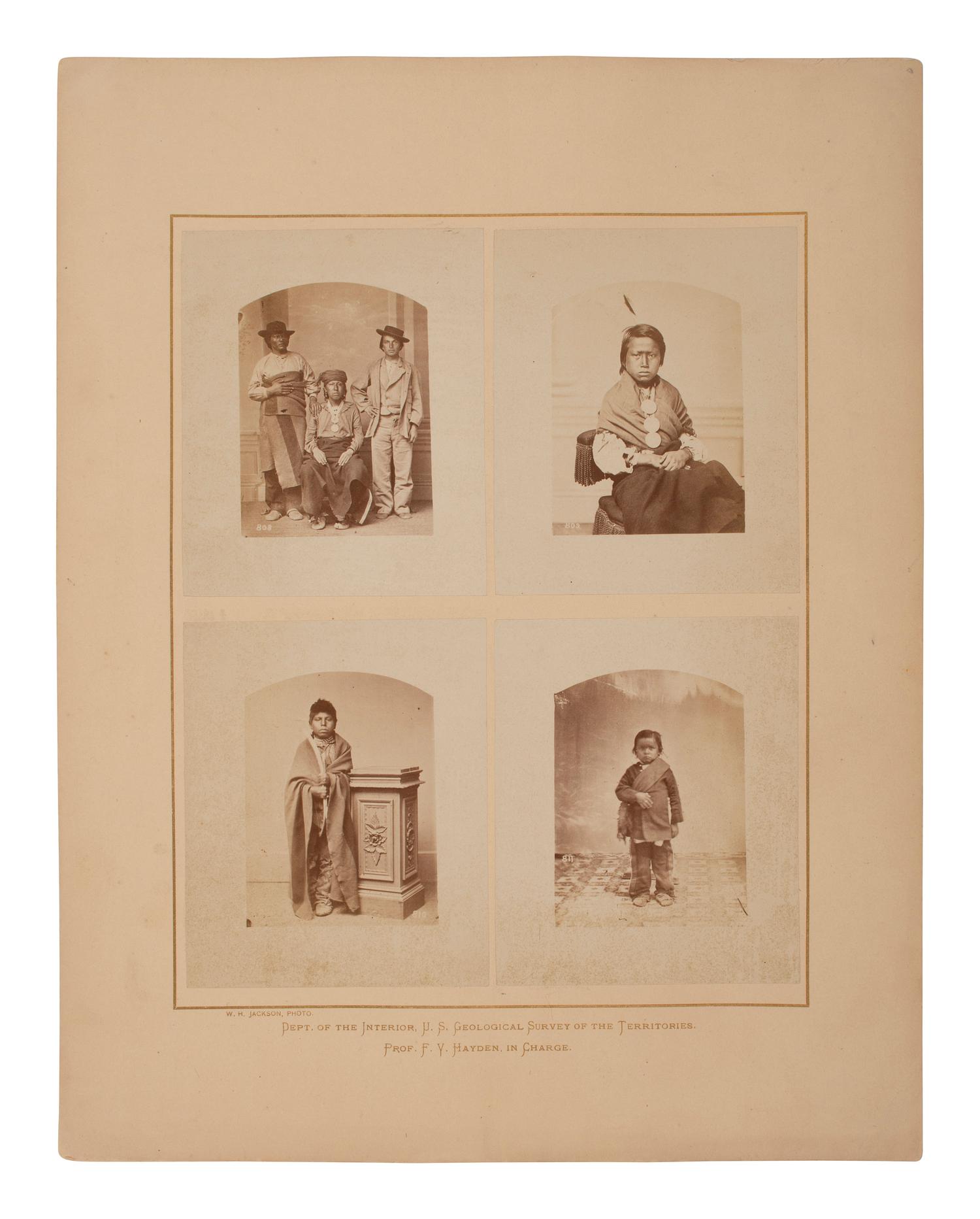 [NATIVE AMERICANS]. JACKSON, William Henry (1843-1942), photographer. Photomontage comprised of 4 photographs of Winnebago / Ho-chunk Indians and children. Hayden Geological Survey, [1871].