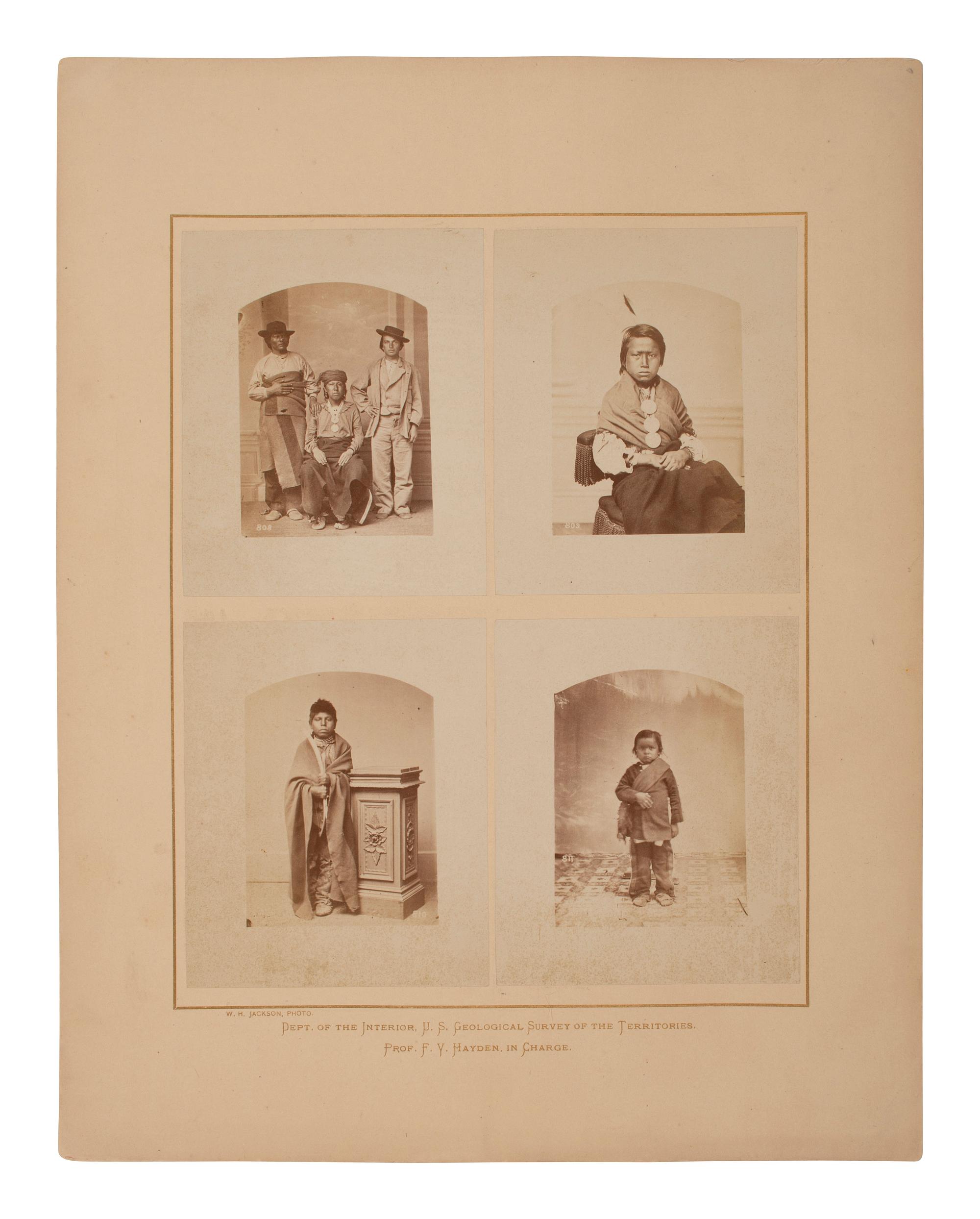 [NATIVE AMERICANS]. JACKSON, William Henry (1843-1942), photographer. Photomontage comprised of 4 photographs of Winnebago / Ho-chunk Indians and children. Hayden Geological Survey, [1871].