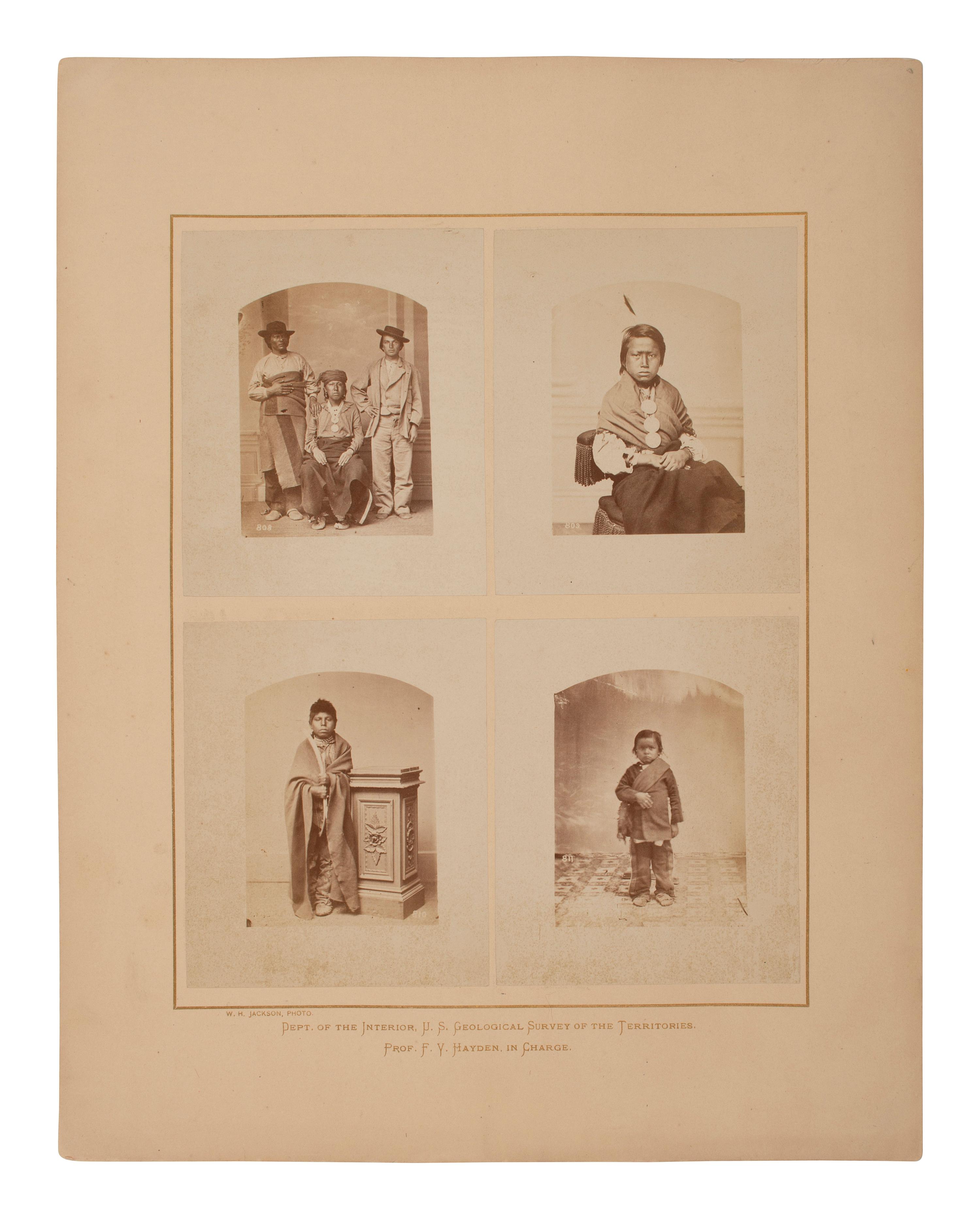 [NATIVE AMERICANS]. JACKSON, William Henry (1843-1942), photographer. Photomontage comprised of 4 photographs of Winnebago / Ho-chunk Indians and children. Hayden Geological Survey, [1871].