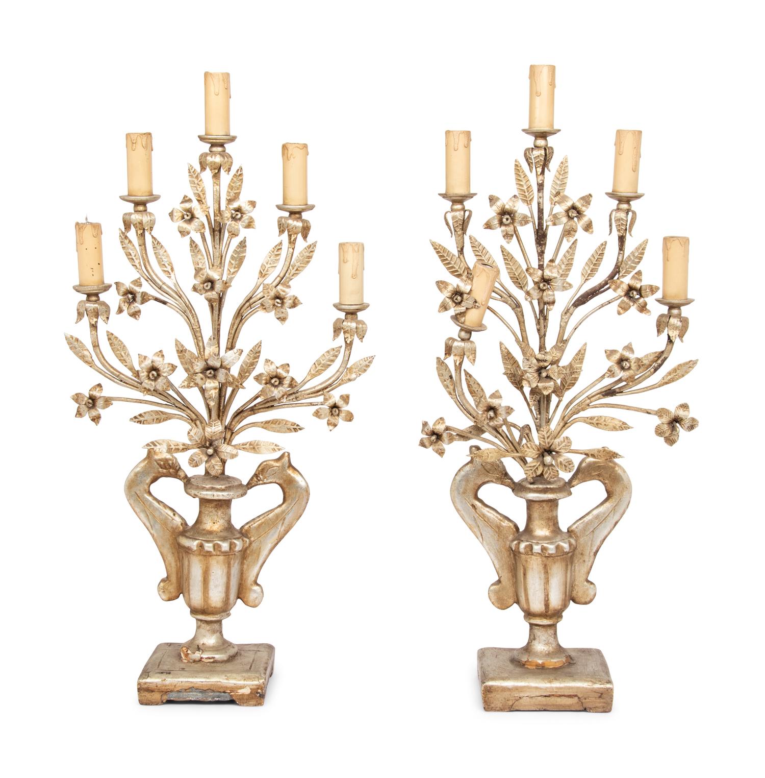 A Pair of Italian Silvered Wood and Tole Five-Light Candelabra