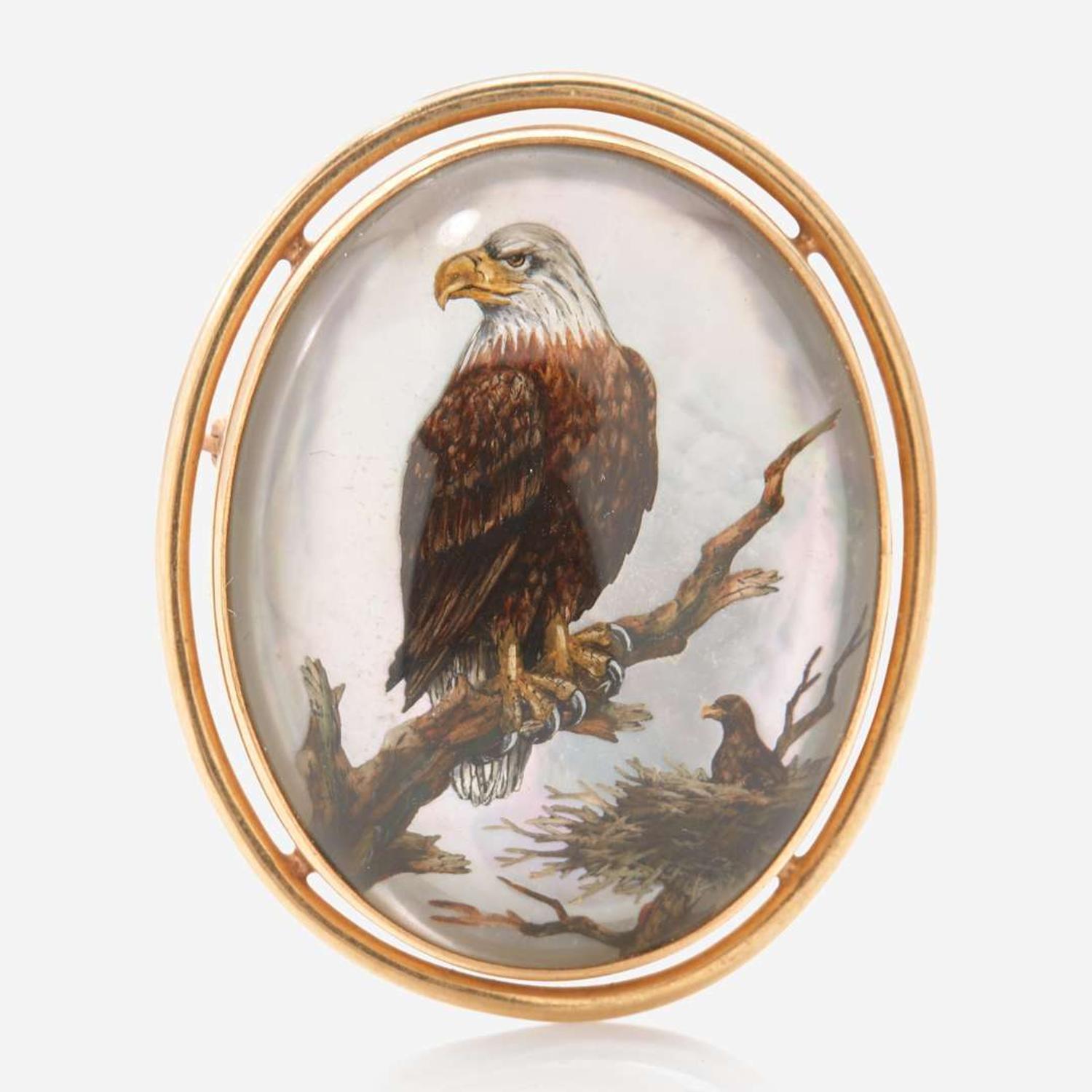 A 14K Yellow Reverse-Painted Gold Bald Eagle Pin