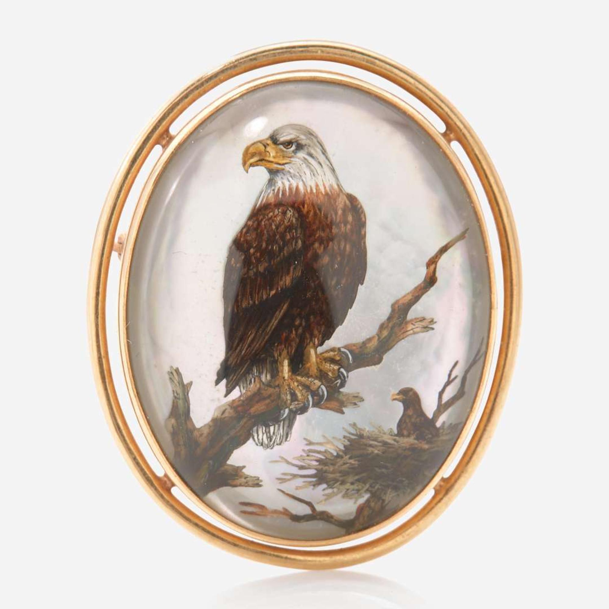 A 14K Yellow Reverse-Painted Gold Bald Eagle Pin