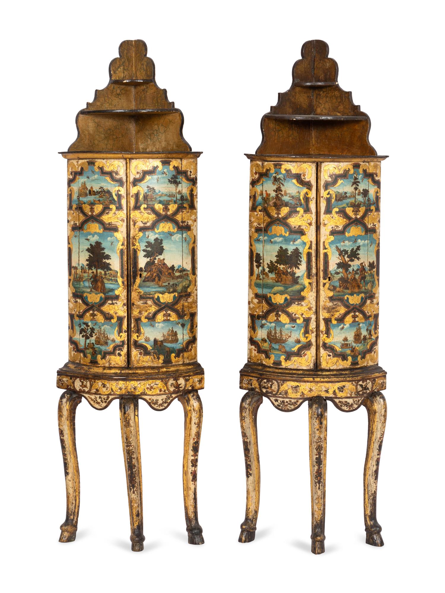 A Pair of Venetian Rococo Lacca Povera and Polychrome Painted Corner Cabinets