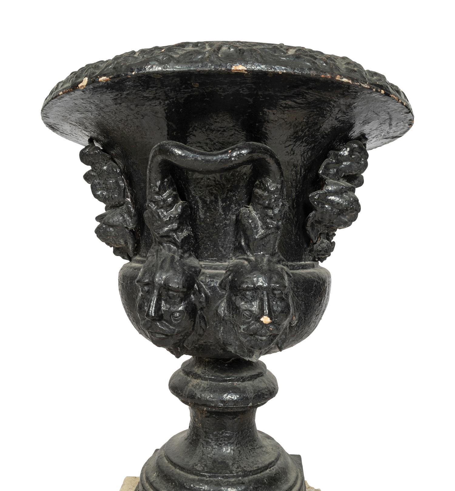 A Pair of Large Cast Iron Campagna-Form Jardinieres on Fossilized Coral Limestone Plinths
