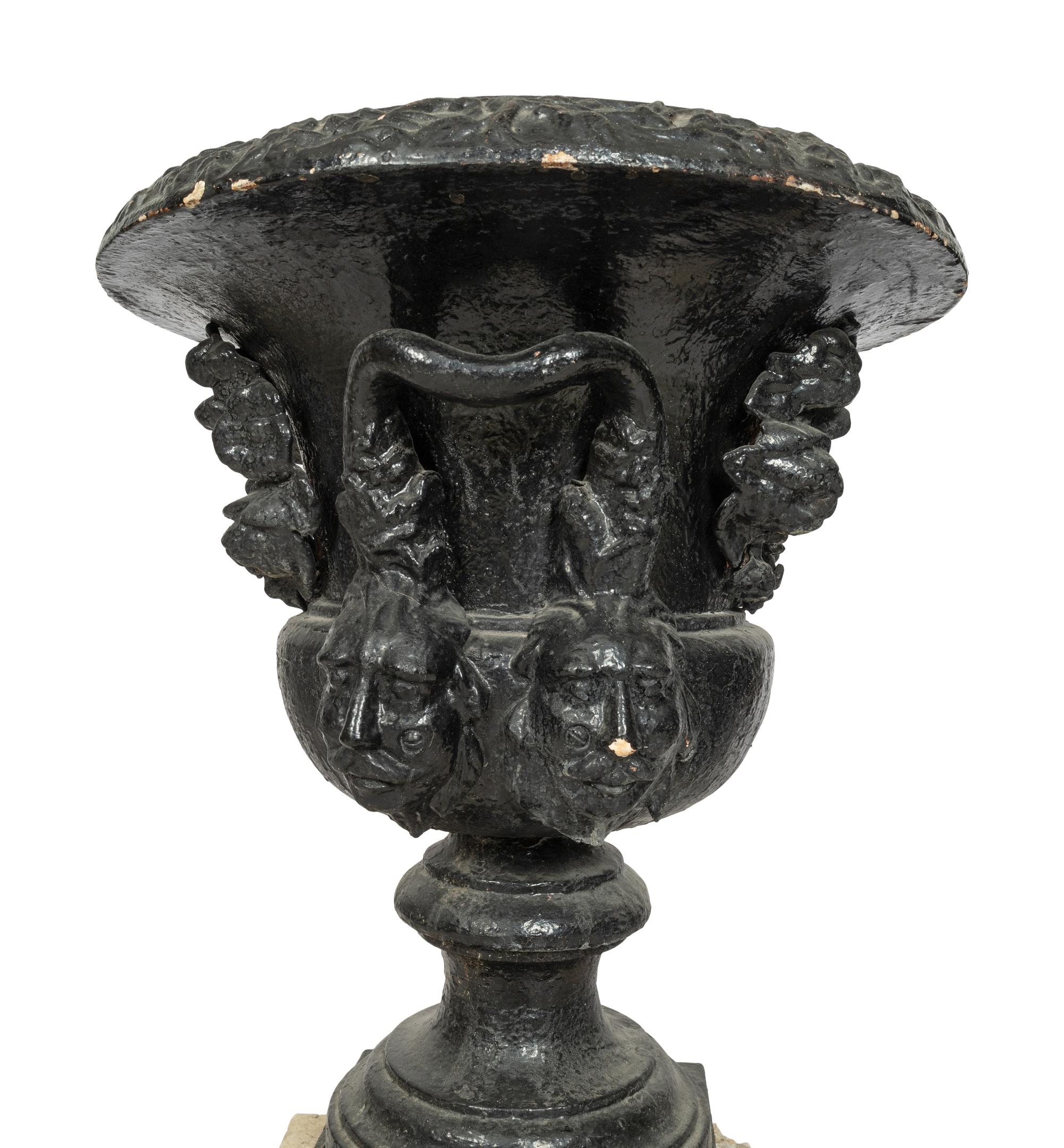 A Pair of Large Cast Iron Campagna-Form Jardinieres on Fossilized Coral Limestone Plinths