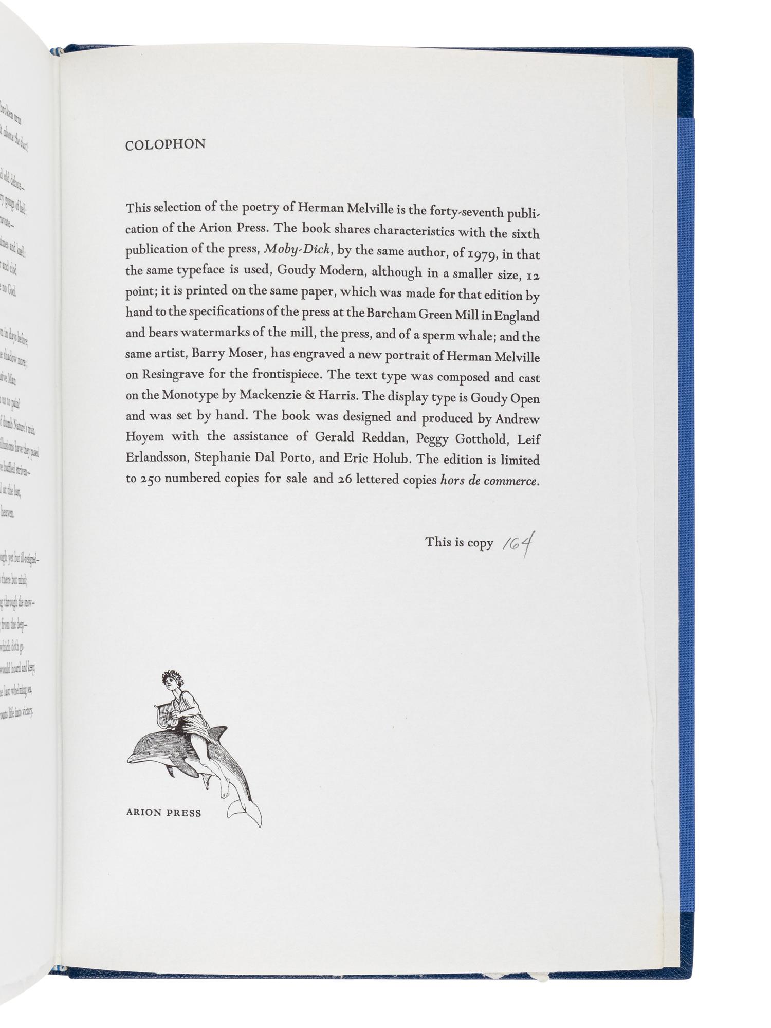 [ARION PRESS]. MELVILLE, Herman (1819-1891). Selected Poems . Barry MOSER (b. 1940), illustrator. San Francisco: Arion Press, 1995.