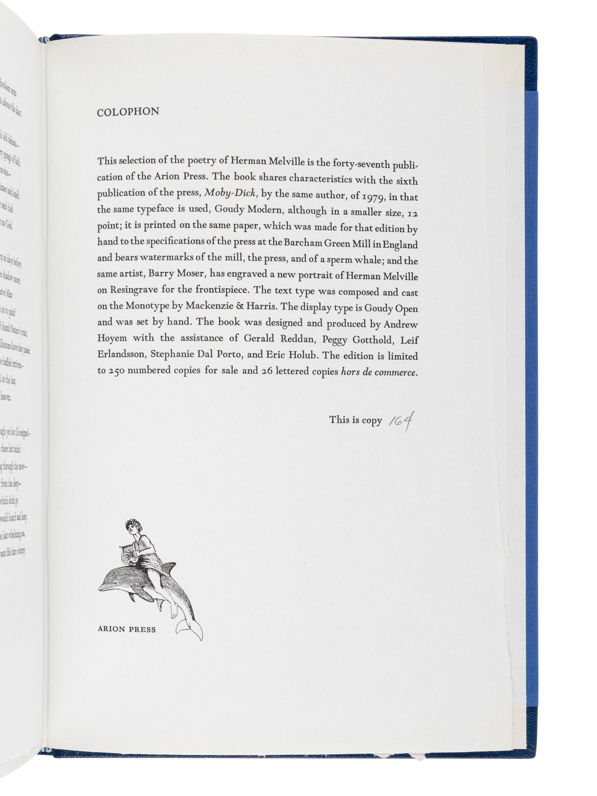 [ARION PRESS]. MELVILLE, Herman (1819-1891). Selected Poems . Barry MOSER (b. 1940), illustrator. San Francisco: Arion Press, 1995.