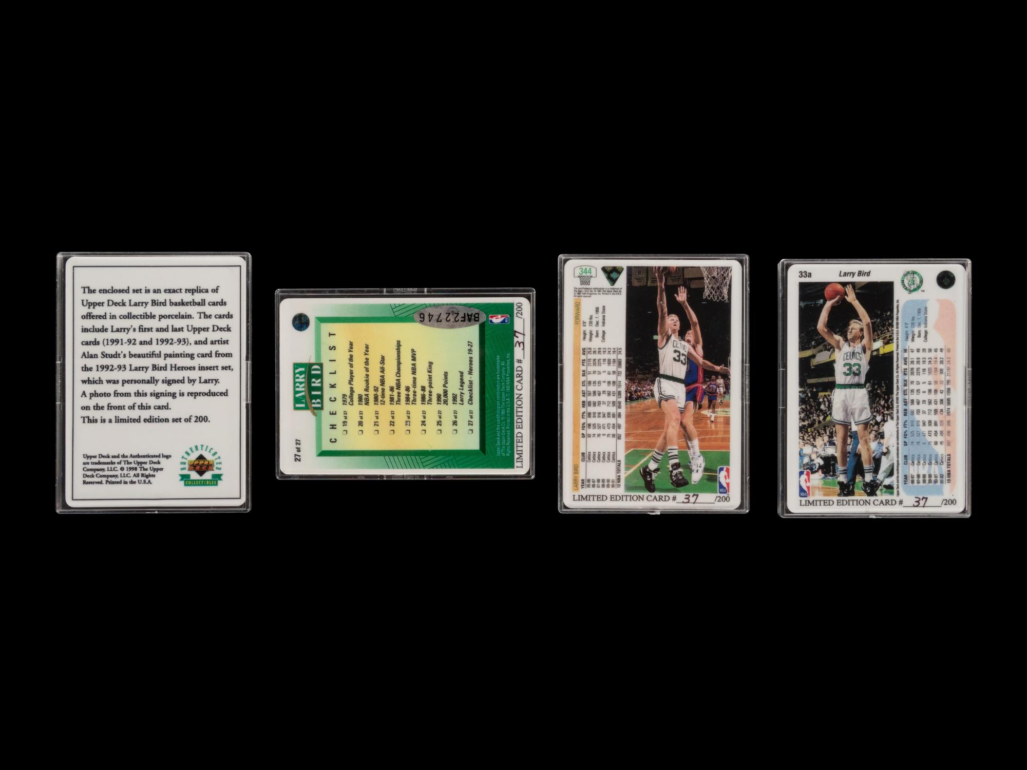 A Larry Bird Signature Series Set of Four Porcelain Basketball Cards