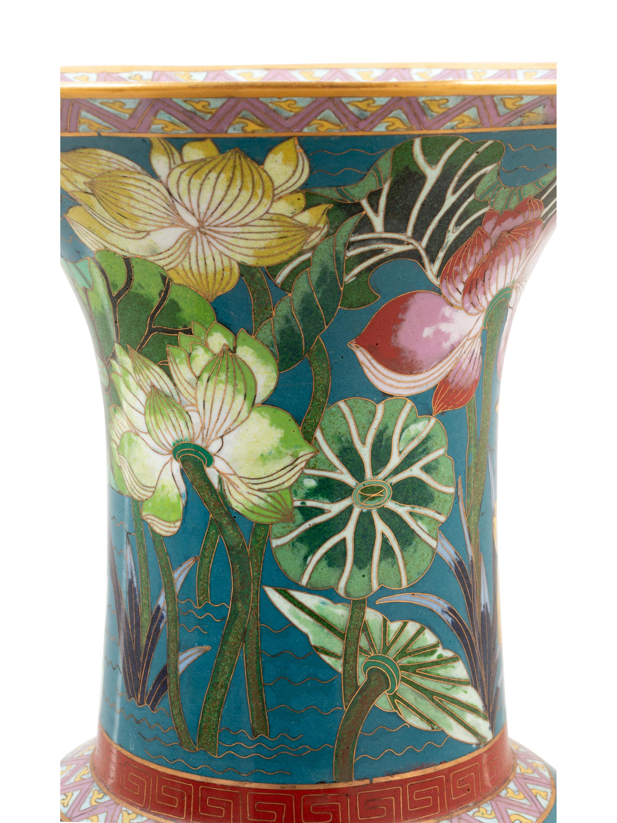 A Pair of Large Chinese Cloisonne Enamel 'Lotus' Yenyen Vases