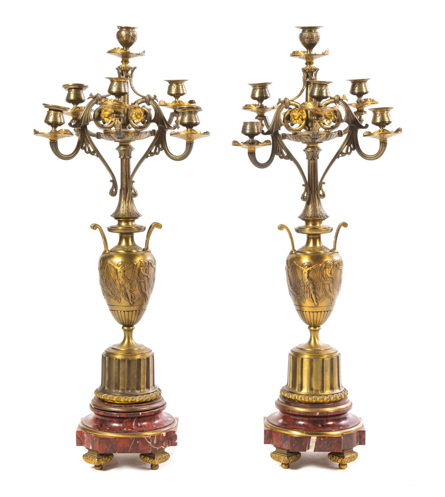 A Pair of French Gilt Bronze and Marble Candelabra Height 30 inches. — CAST BY BARBEDIENNE, LATE 19TH CENTURY