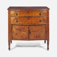 A Federal carved tiger maple bowfront dressing table together with tiger maple mirror early 19th century