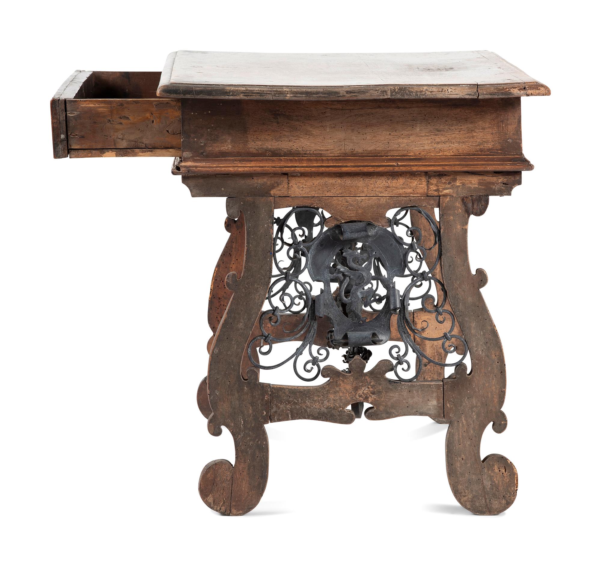 A Spanish Baroque Wrought-Iron Mounted Walnut Library Table
