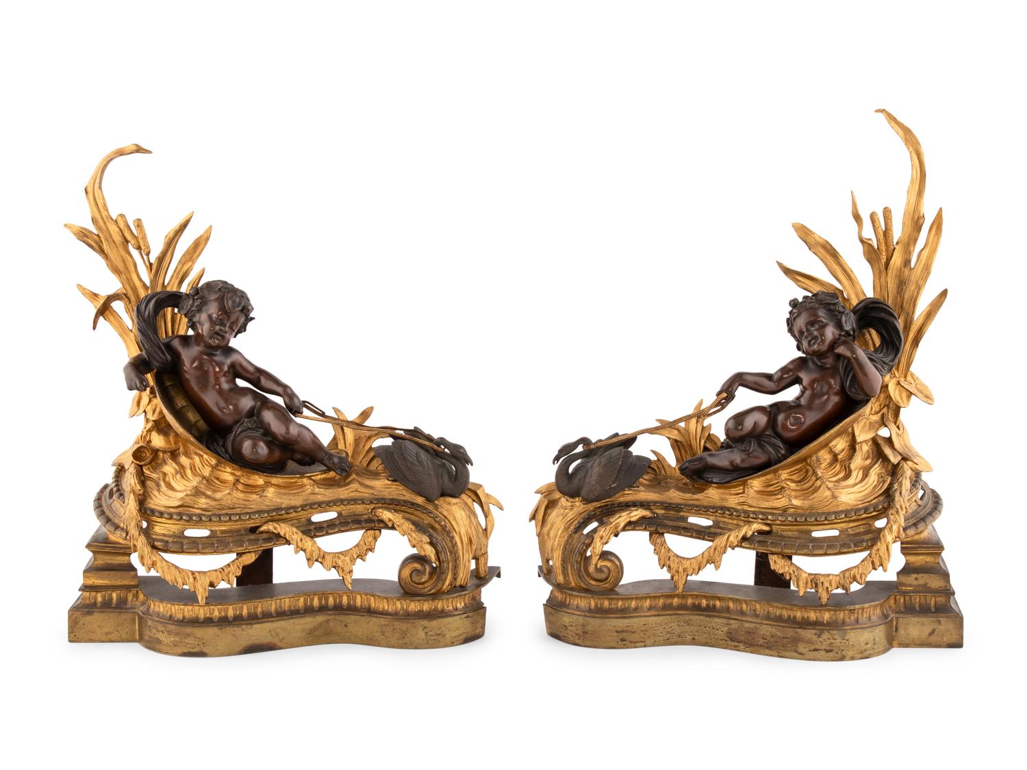 A Pair of Napoleon III Gilt and Patinated Bronze Figural Chenets