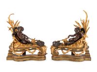 A Pair of Napoleon III Gilt and Patinated Bronze Figural Chenets