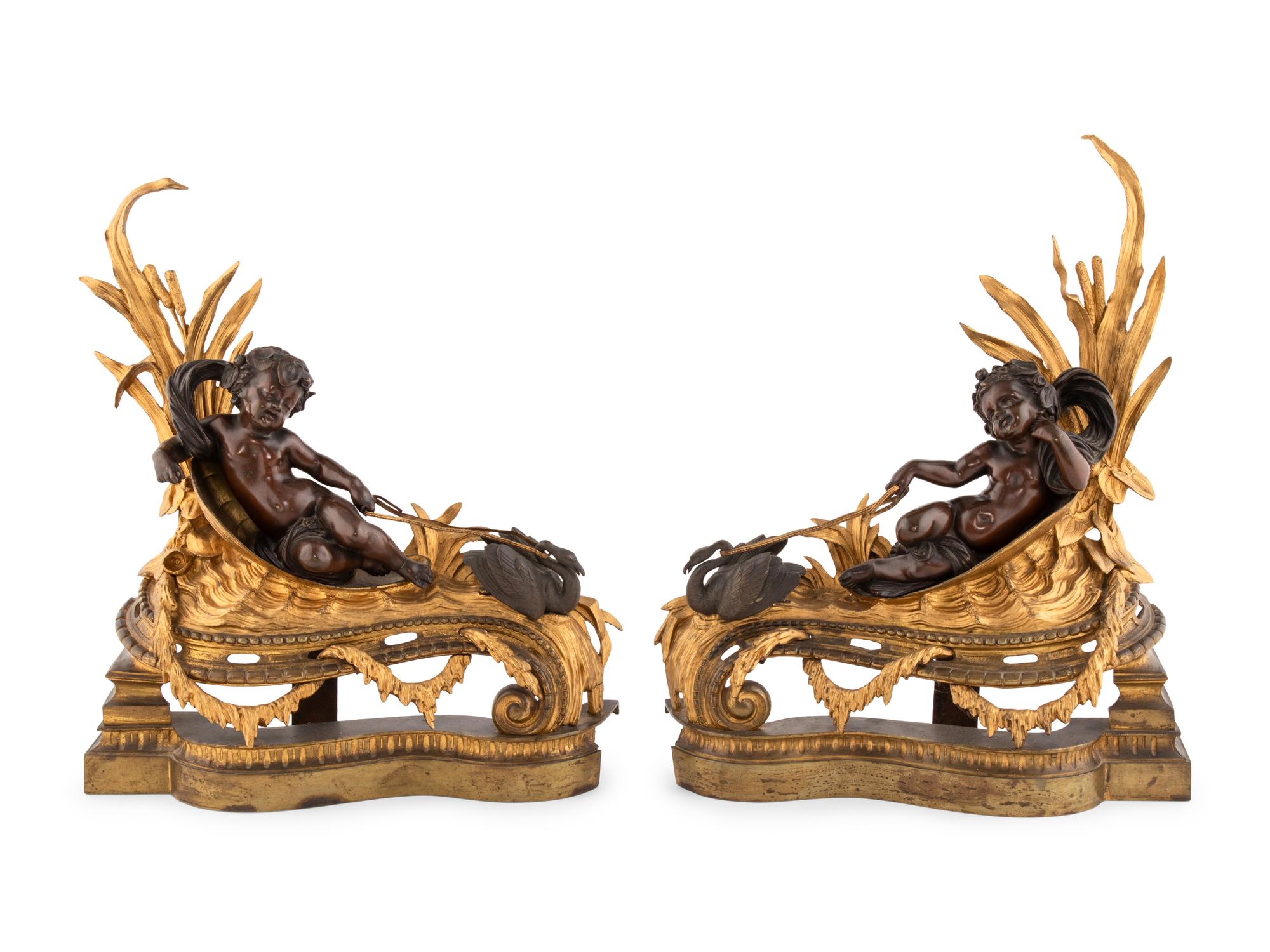 A Pair of Napoleon III Gilt and Patinated Bronze Figural Chenets