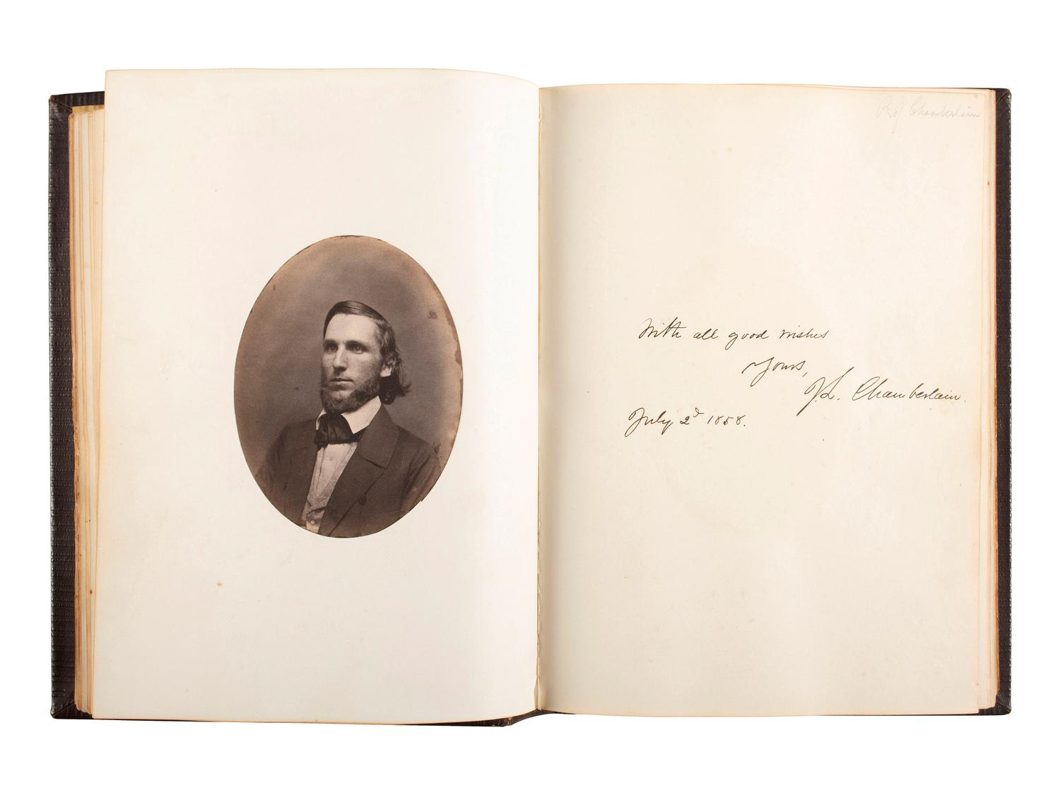 [CHAMBERLAIN, Joshua Lawrence (1828-1914)]. 1858 Bowdoin College yearbook with signatures and photographs of Joseph S. CHAMBERLAIN, Alpheus S. PACKARD, and others. [ With :] Bowdoin in the War. SIGNED by Chamberlain.