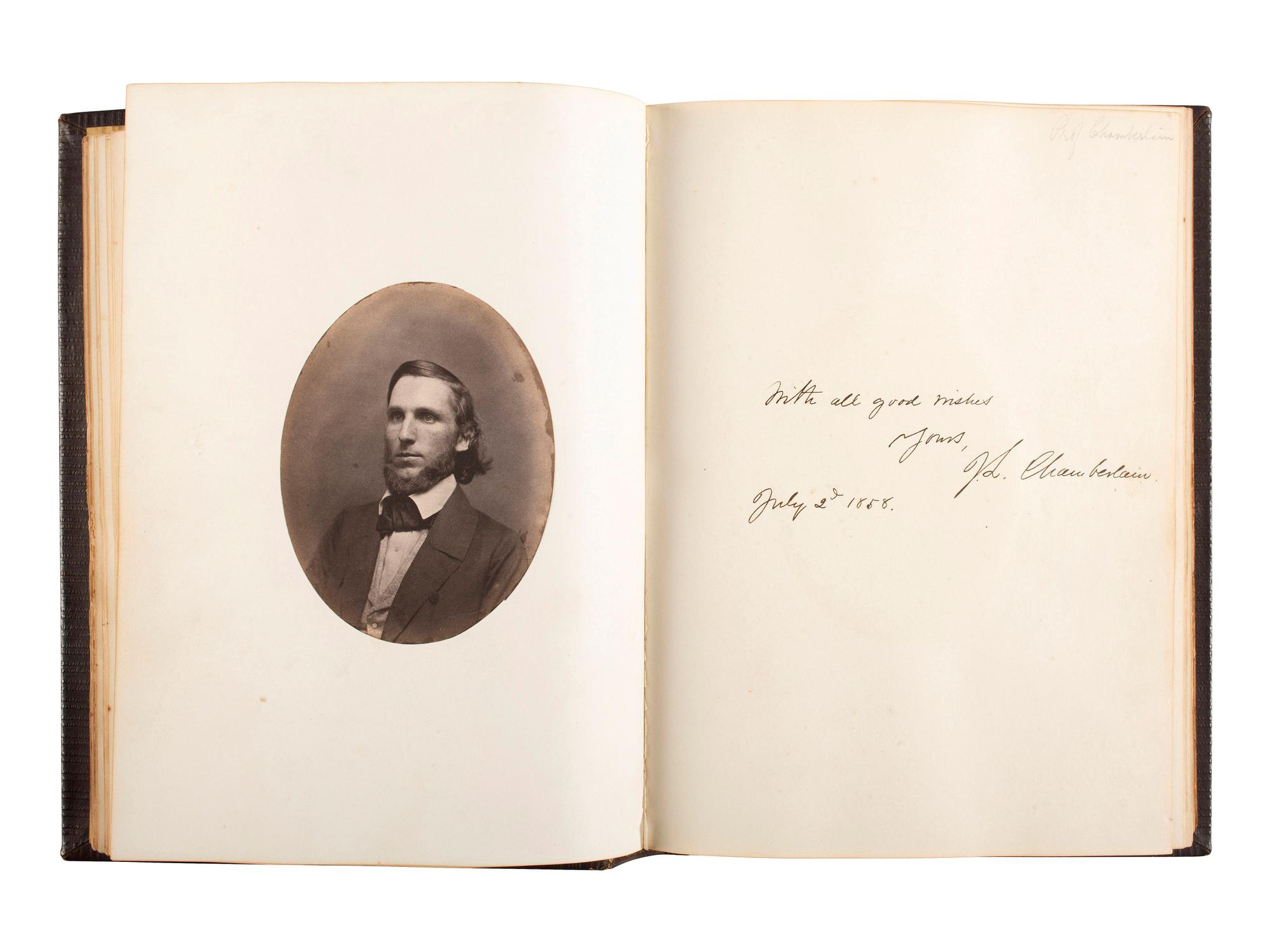 [CHAMBERLAIN, Joshua Lawrence (1828-1914)]. 1858 Bowdoin College yearbook with signatures and photographs of Joseph S. CHAMBERLAIN, Alpheus S. PACKARD, and others. [ With :] Bowdoin in the War. SIGNED by Chamberlain.